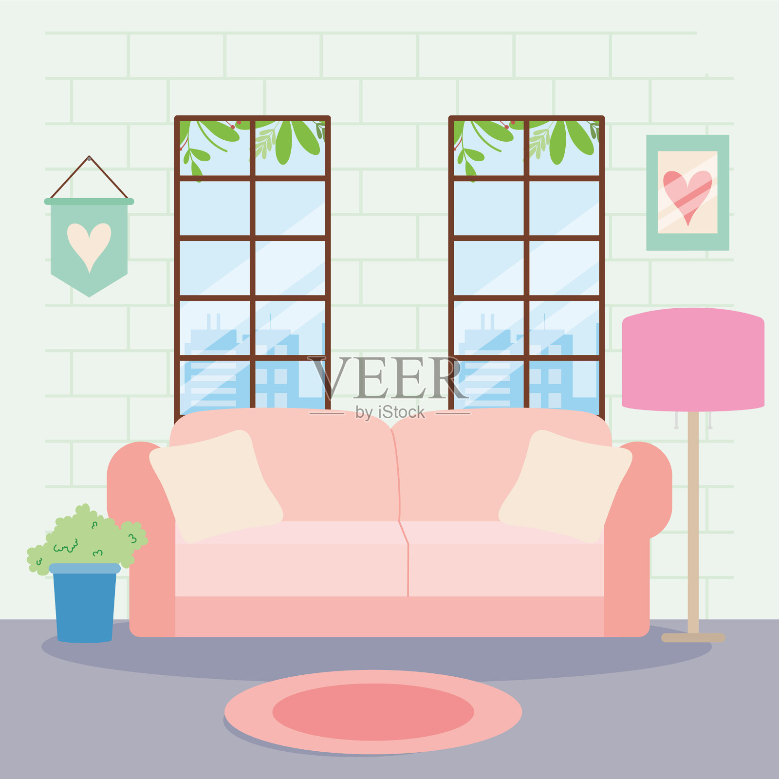 客厅里有粉红色的沙发插画图片素材