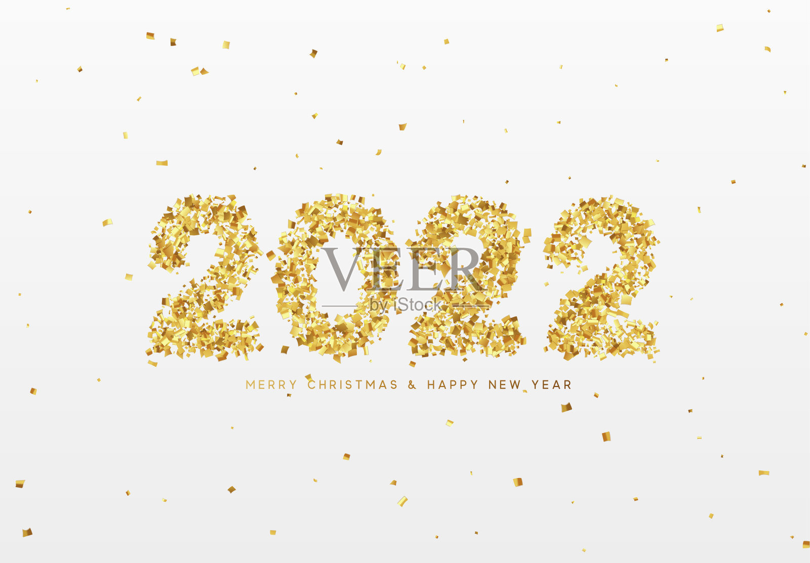 2022年新年快乐。由闪亮的五彩纸屑制成的金色数字。矢量图设计模板素材