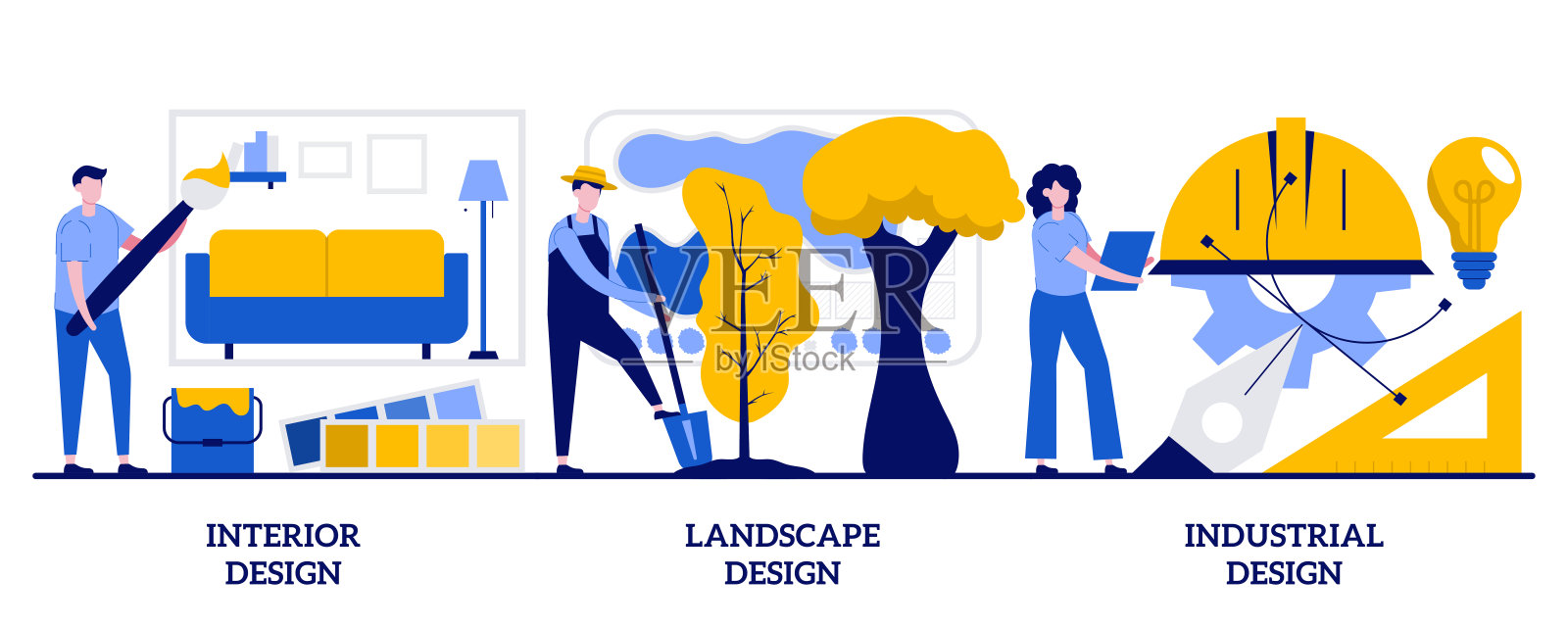 室内，景观和工业设计理念与微小的人。工程概念抽象矢量插图集。专业家居、户外装饰设计师服务的隐喻。插画图片素材