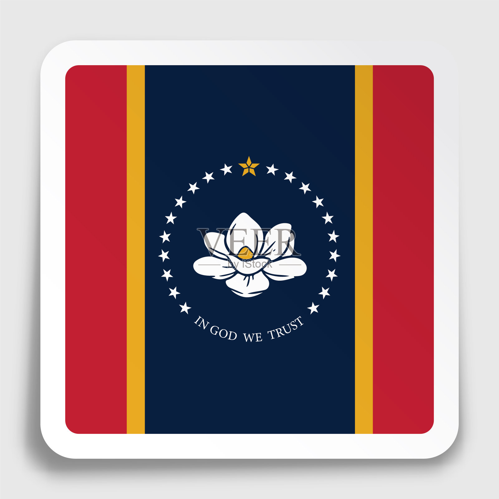 美国密西西比州的国旗图标在纸上有阴影的方形贴纸。移动应用程序或网页按钮。向量插画图片素材