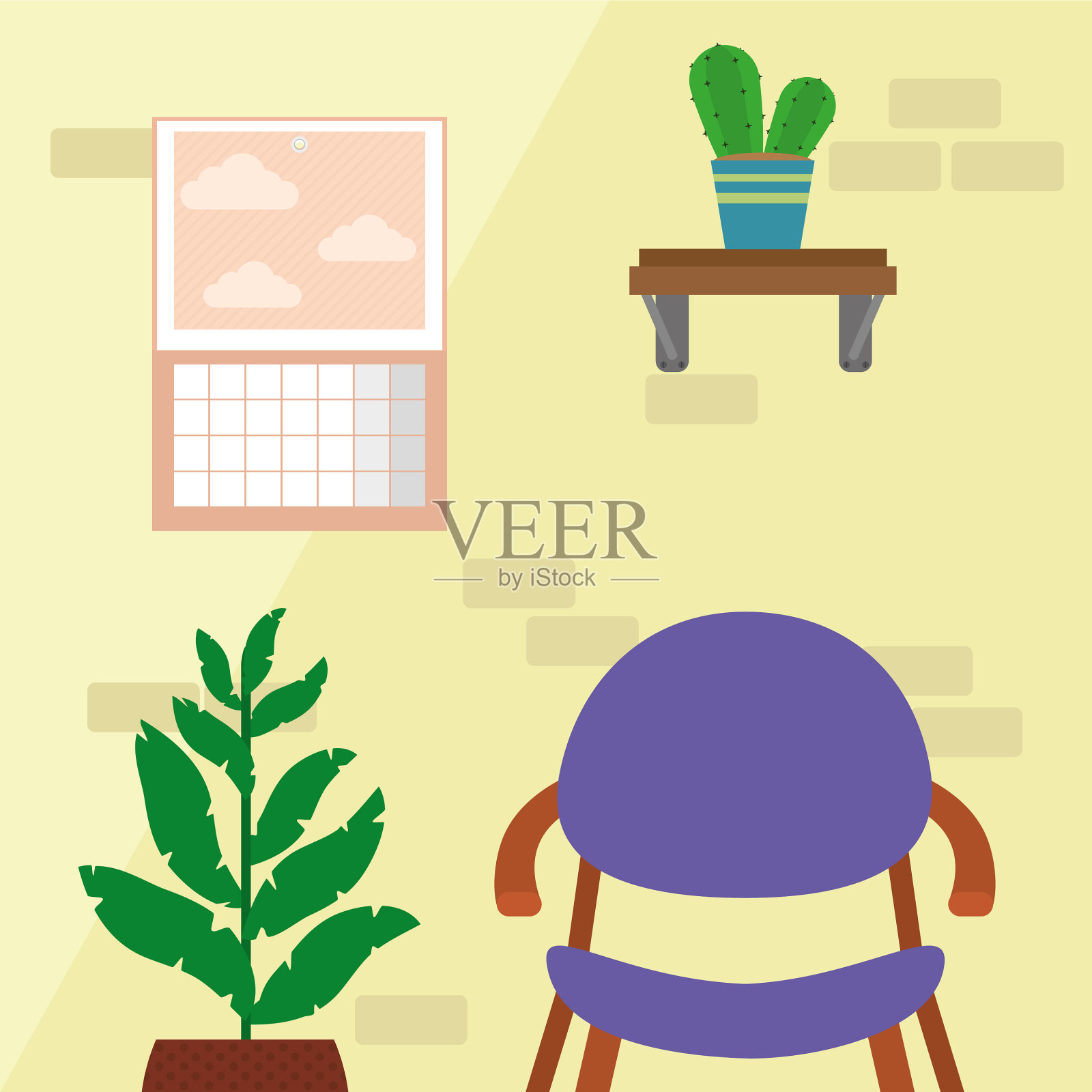 紫色椅子和室内植物插画图片素材