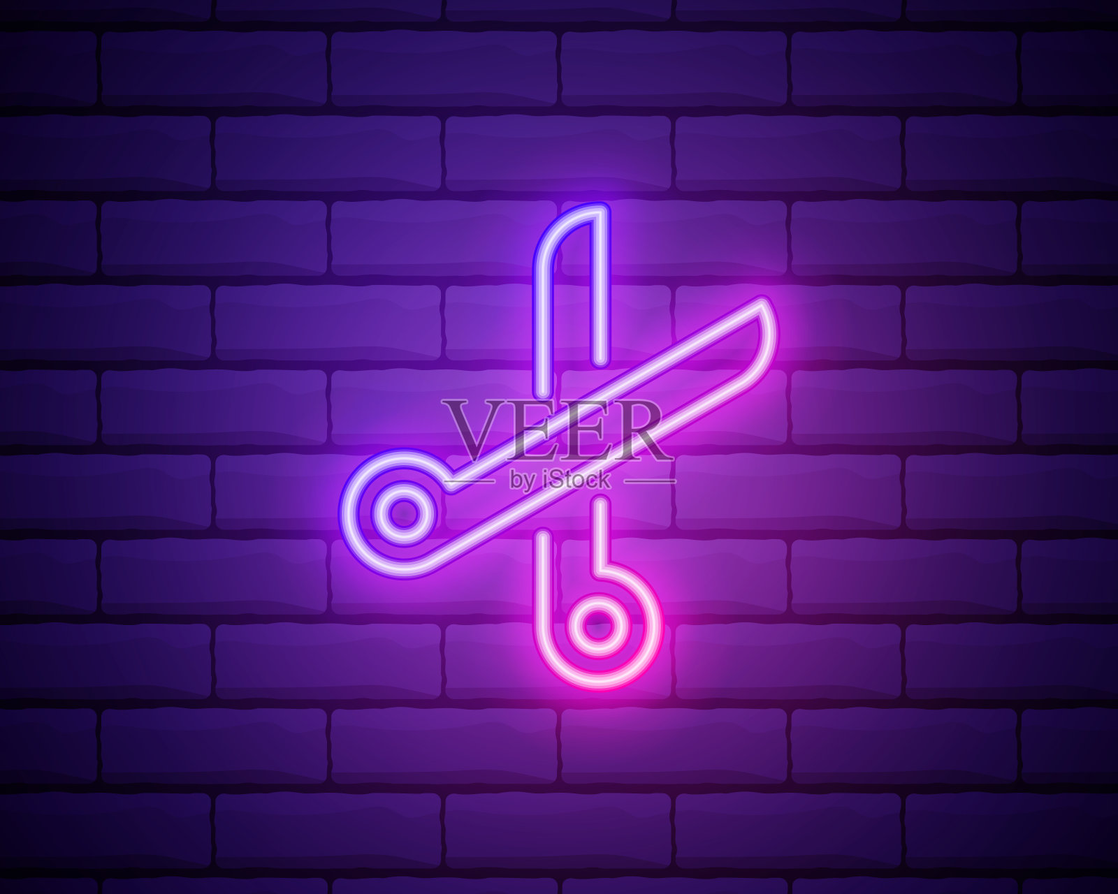 闪亮的剪子霓虹灯。美发厅，风格与时尚理念。广告设计。夜晚亮色广告牌，亮色横幅。矢量插图霓虹灯风格。插画图片素材