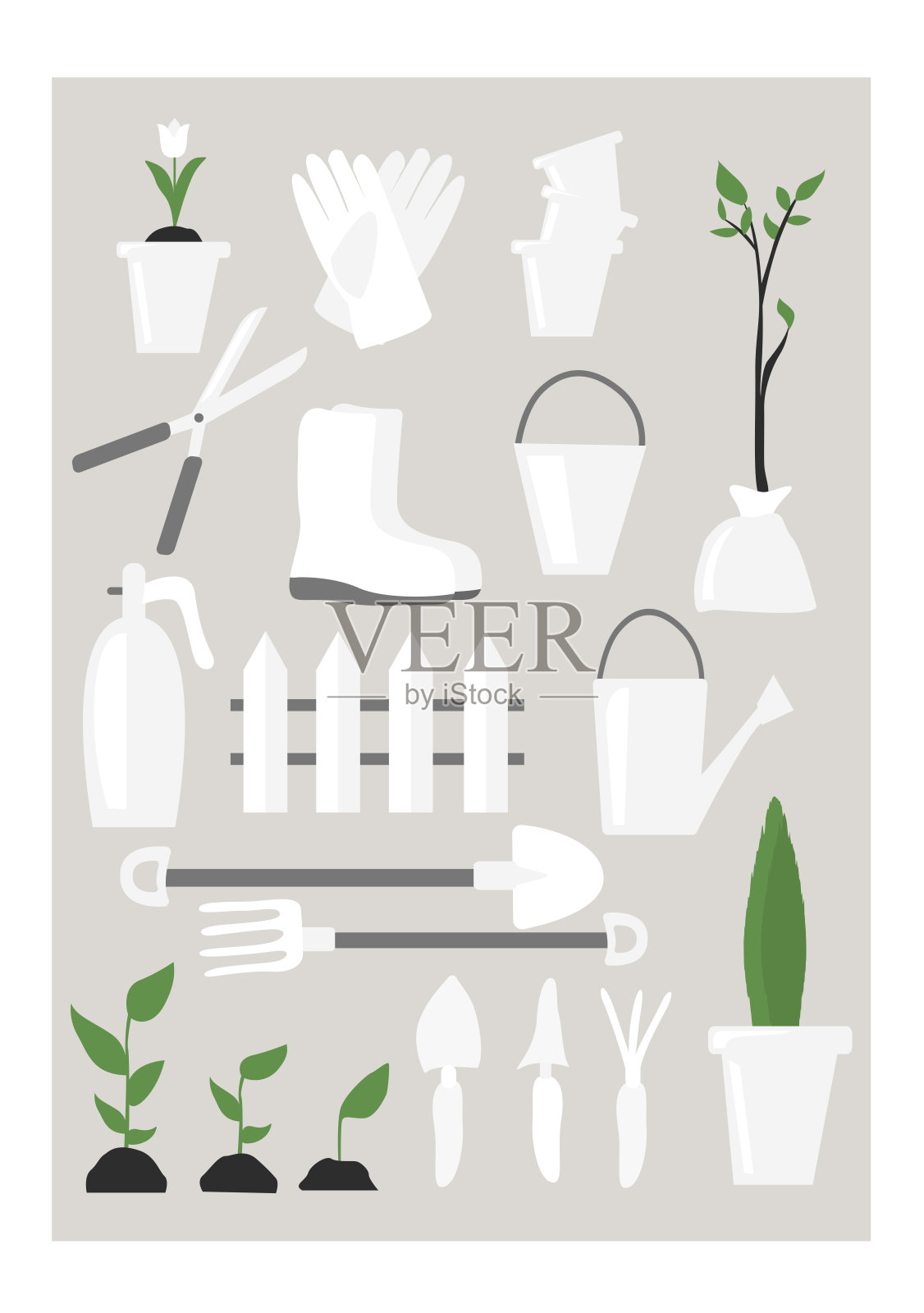 一组向量，花园的平面插图。明信片。园丁的设备。插画图片素材