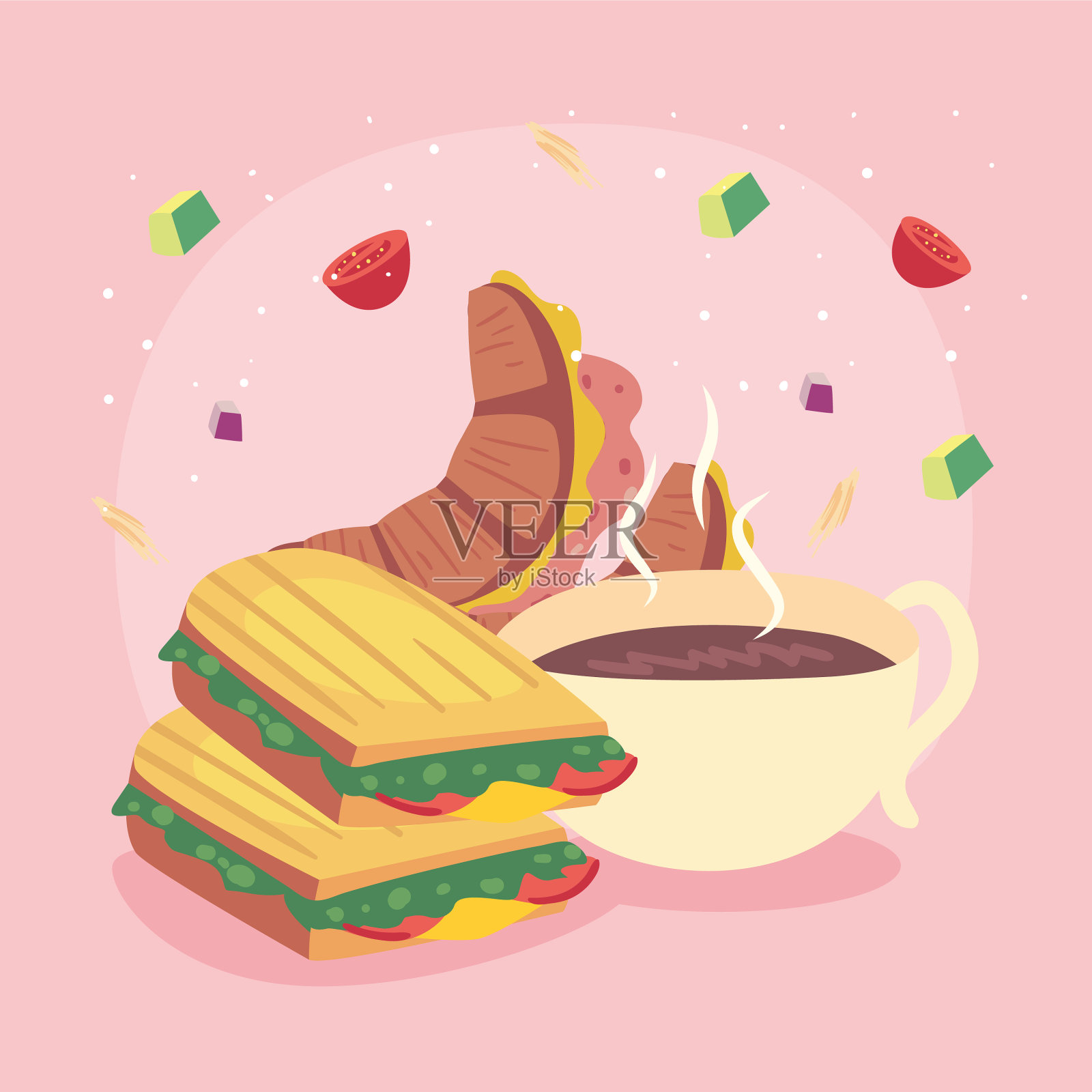 三明治和羊角面包插画图片素材