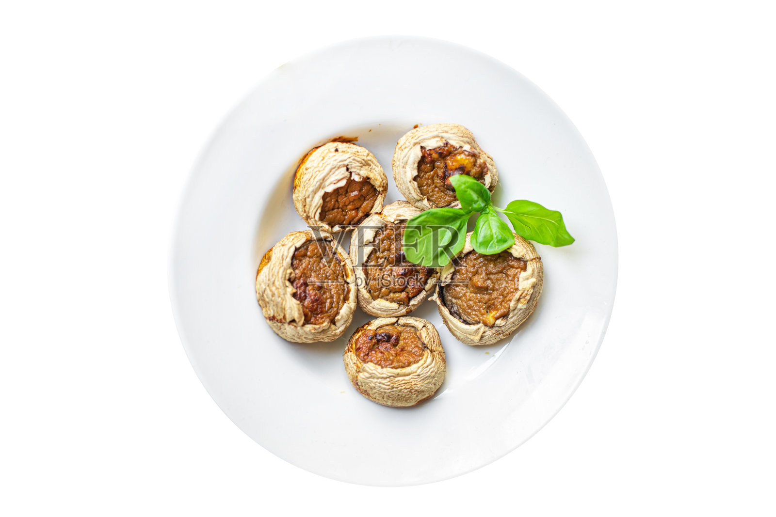 香菇馅蔬菜，香菇烘烤，没有肉，新鲜的部分，随时可以吃的正餐，桌上的小吃，复制太空食品背景质朴。俯视图，生酮或旧石器饮食，素食者，素食者或素食者照片摄影图片