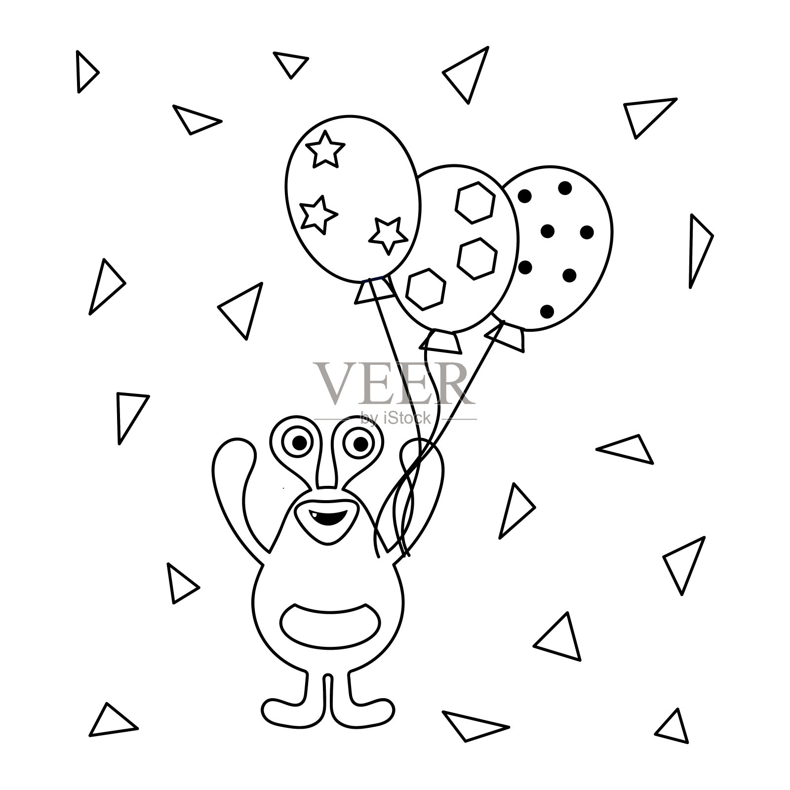 儿童涂色书。可爱的卡通怪物和气球。黑白矢量插图插画图片素材