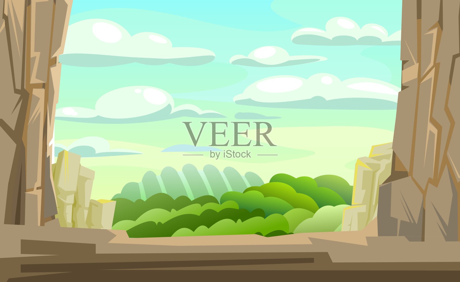 山峡谷。框架组成。山石嶙峋的田园风光。高耸的山峰和悬崖。天空的云。说明向量插画图片素材