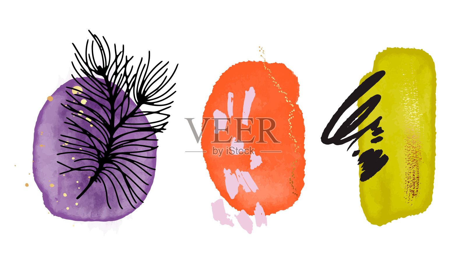 抽象的形状生动的紫绿橙现代艺术，水彩卡片，夏天的氛围插画图片素材