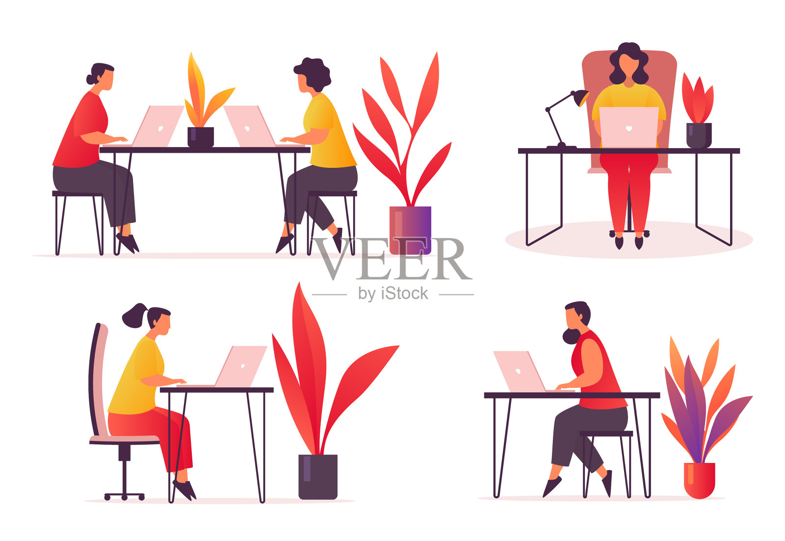 在办公室或工作区工作的员工插画图片素材