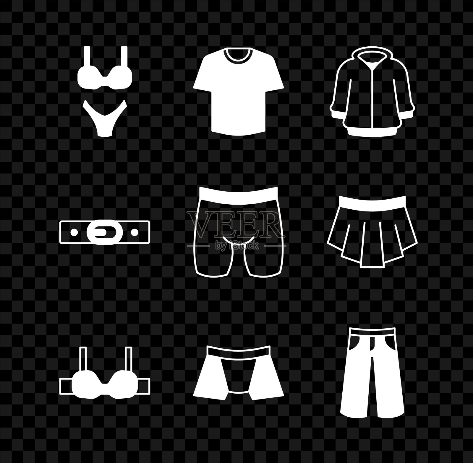 套装泳衣、t恤、帽衫、胸罩、男式内裤图标素材