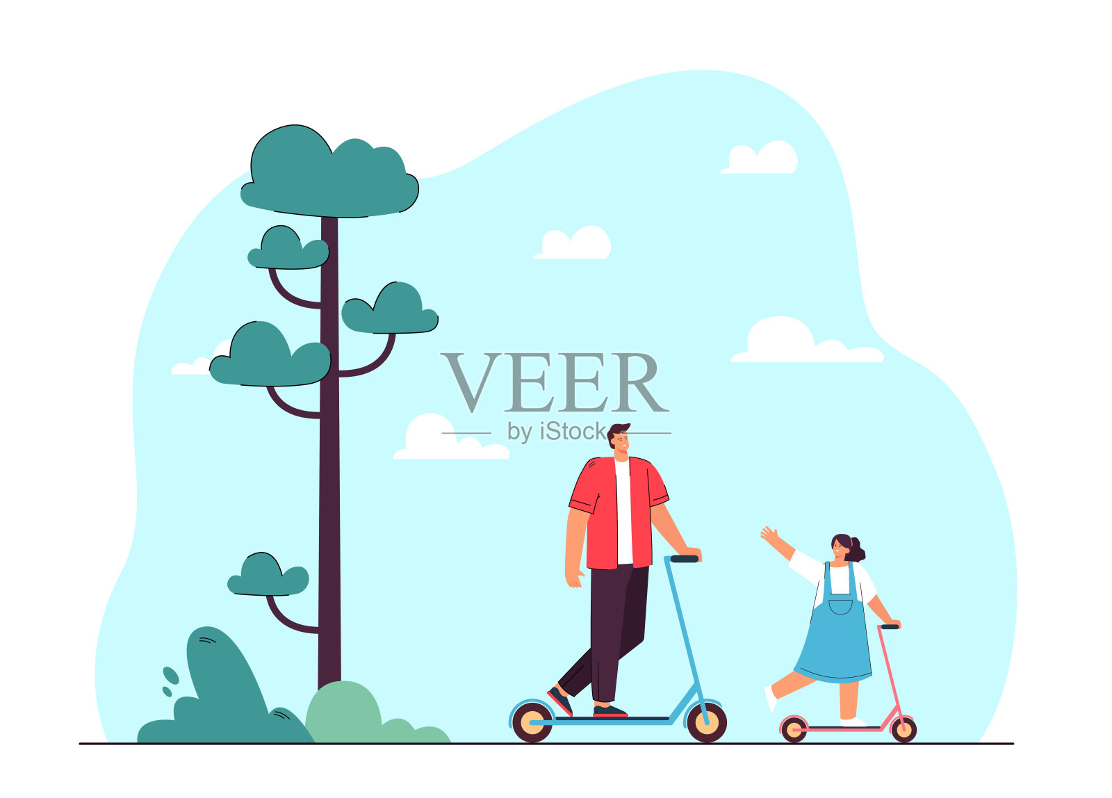 卡通人物和骑摩托车的女孩插画图片素材