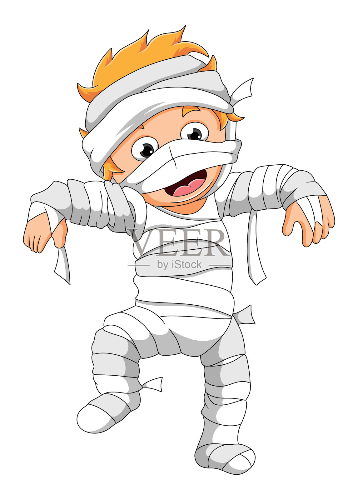 这个男孩穿着木乃伊服装吓唬人们插画图片素材