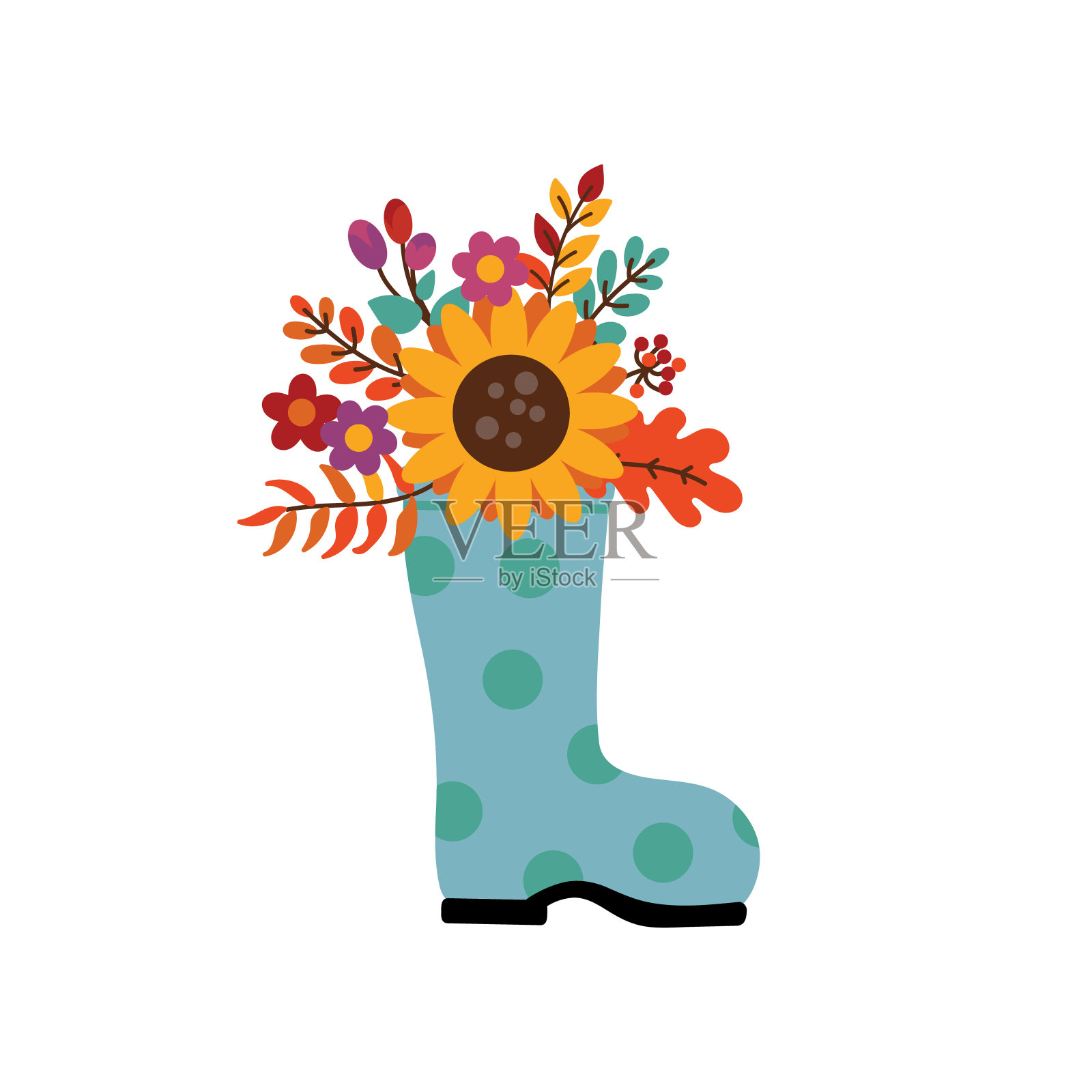 绿色靴子与秋天的花束插画图片素材