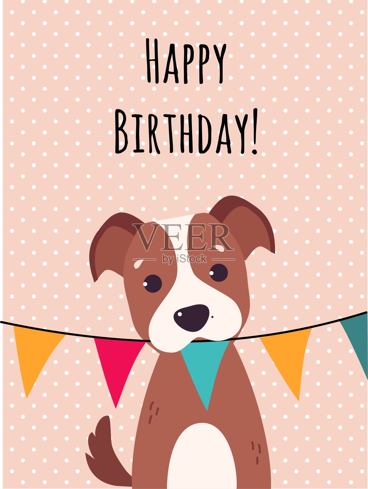 Happy Birthday Card with Dog Farm Animal Holding Garland as Holiday Greeting and祝贺矢量插图插画图片素材