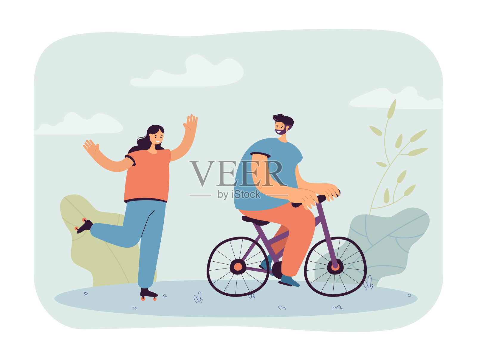 骑自行车的丈夫看着穿着旱冰鞋的妻子插画图片素材