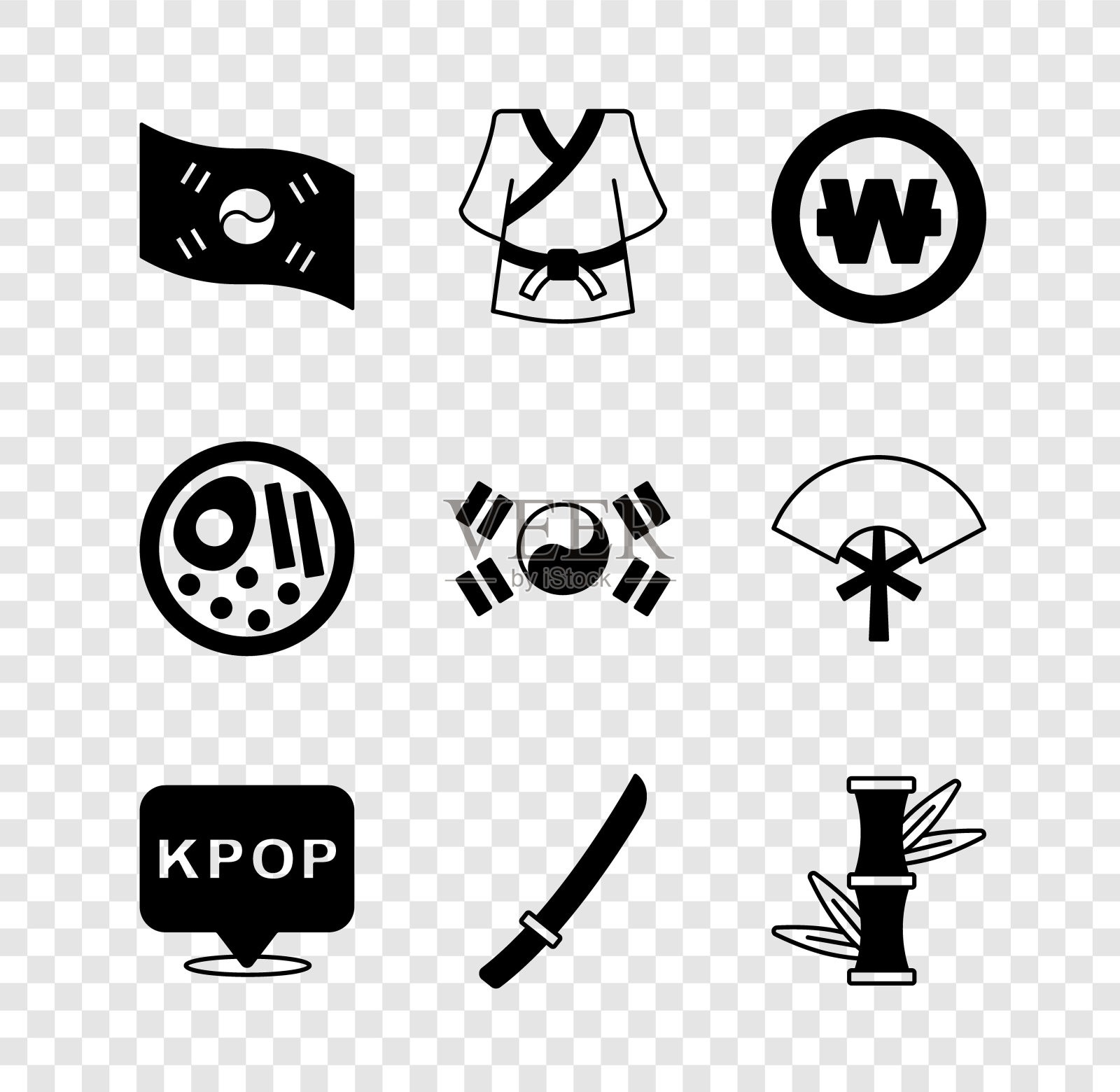 设置韩国国旗、和服、韩币、K-pop、武士刀、竹子、拉面和偶像。向量插画图片素材