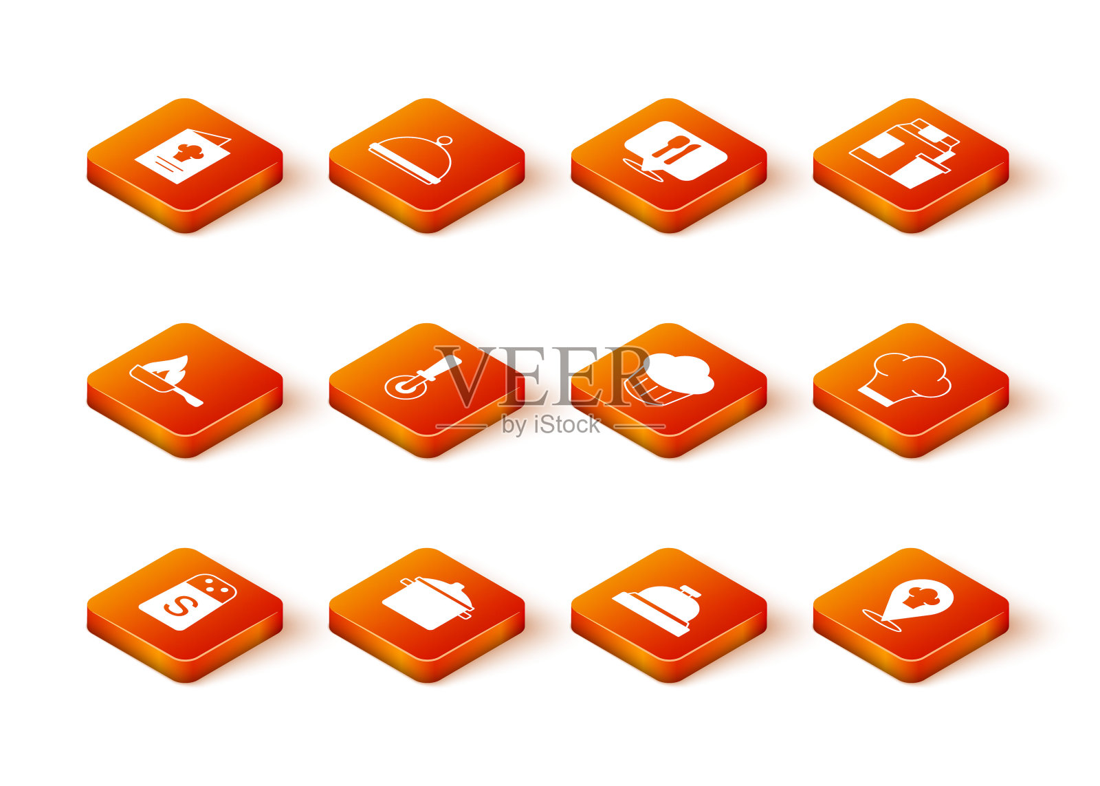 设置盐，锅，煎锅，披萨刀，酒店服务钟，小蛋糕，厨师帽和位置和图标。向量图标素材