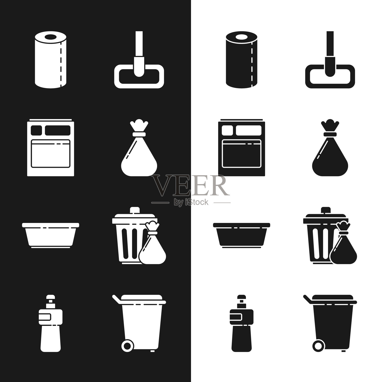 设置垃圾袋、厨房洗碗机、纸巾卷、拖把、塑料盆、垃圾桶及垃圾、洗碗液瓶图标。向量图标素材