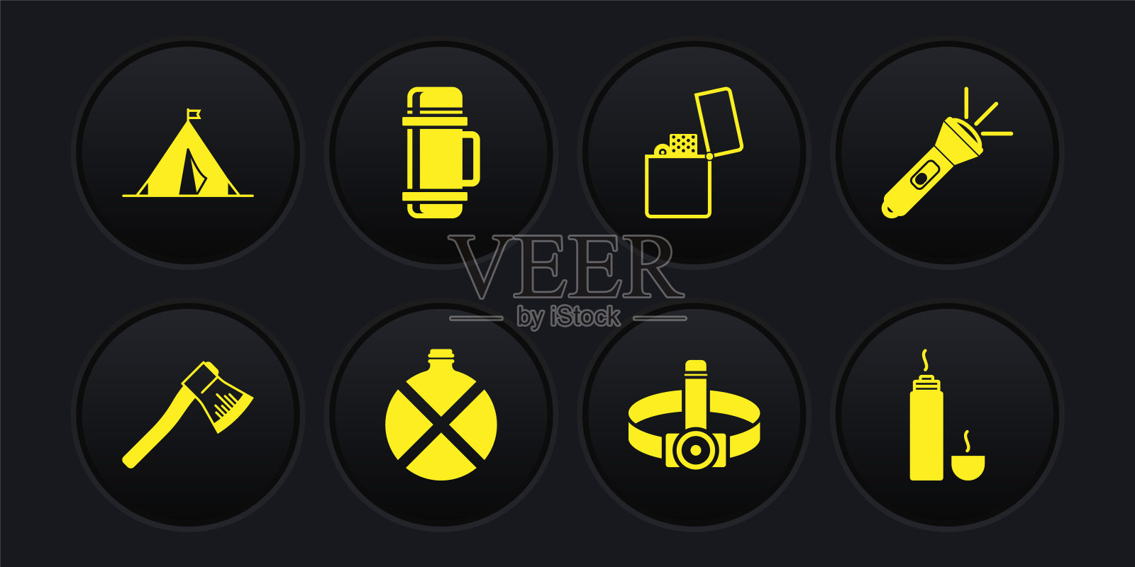 木斧，手电筒，水壶水壶，头手电筒，打火机，保温瓶，旅游帐篷与旗帜图标。向量图标素材