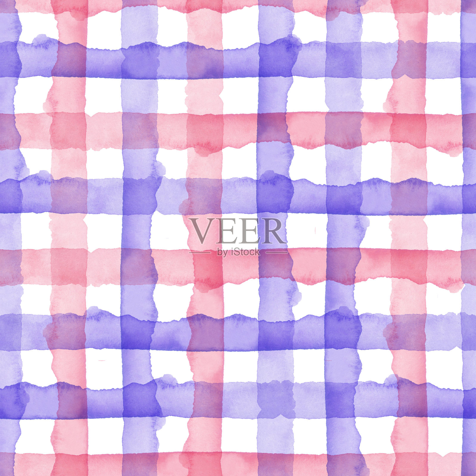 水彩粉红色蓝色格子几何无缝图案背景。格子在水彩画颜色。手绘简单的条纹设计插画图片素材