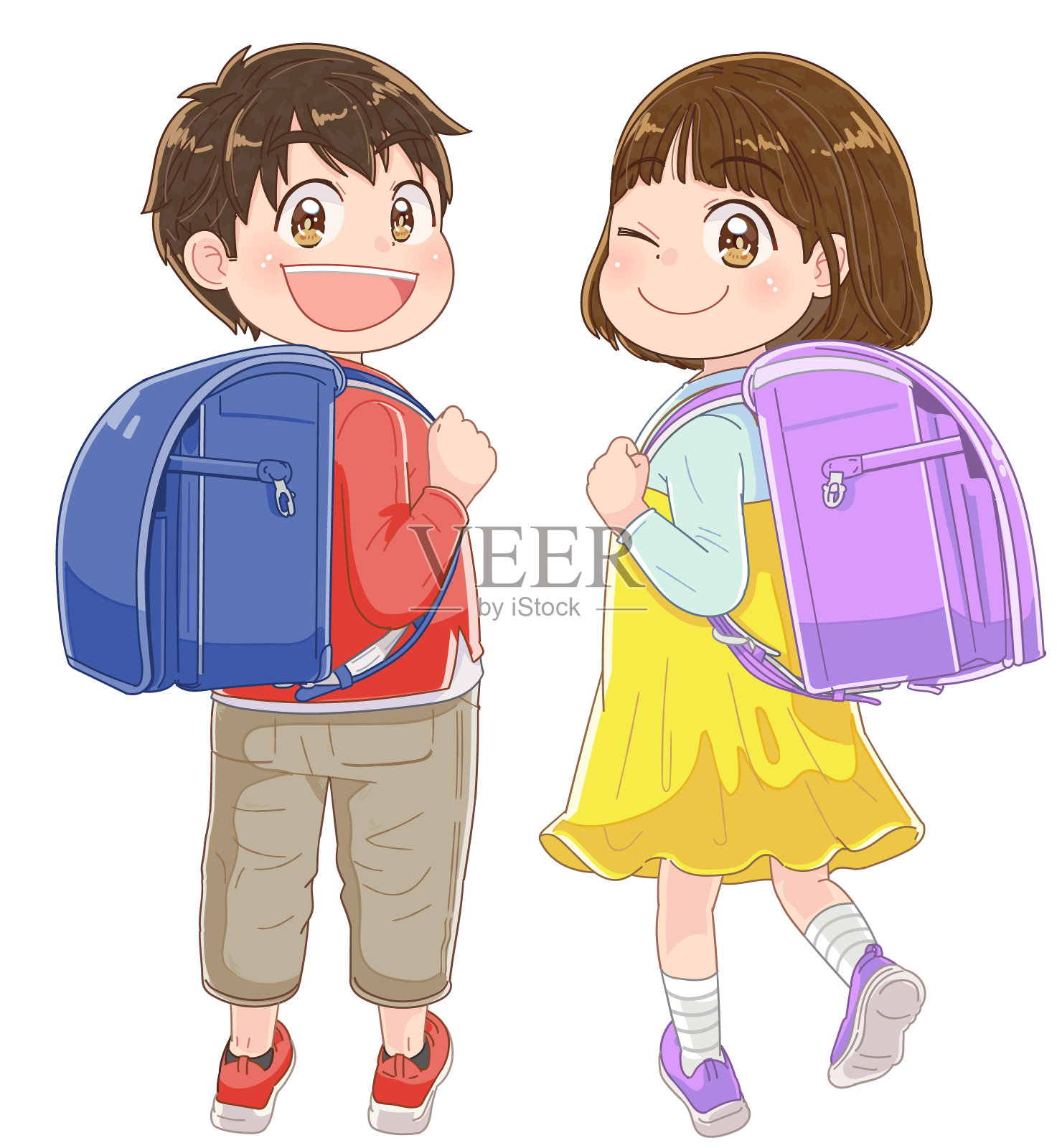 书包和小学生。动画风格。插画图片素材