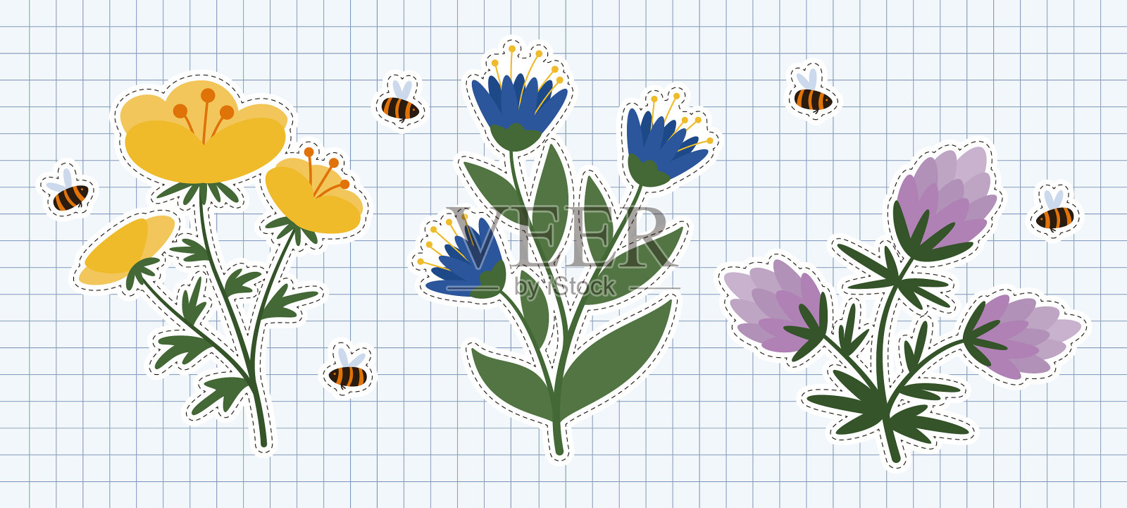 简单平坦的野花和飞舞的蜜蜂插画图片素材