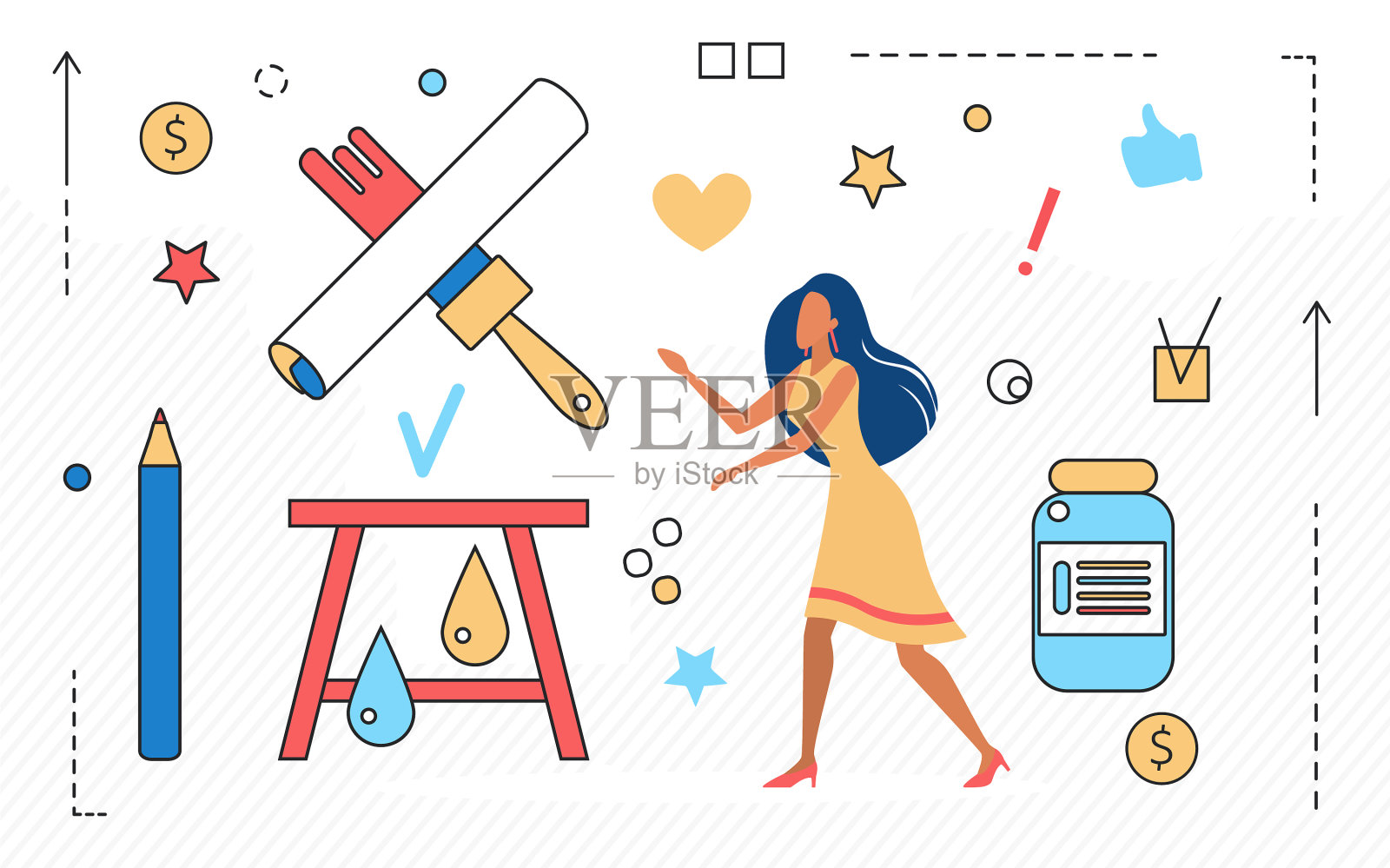 艺术工作室的女性角色和艺术家的工具插画图片素材