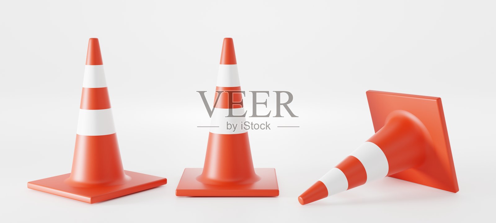 前方交通锥，角度观察，躺下。现实设置橙色警告歌唱，建筑围栏，修复障碍，道路和高速公路的安全屏障，隔离在白色背景，3d渲染照片摄影图片