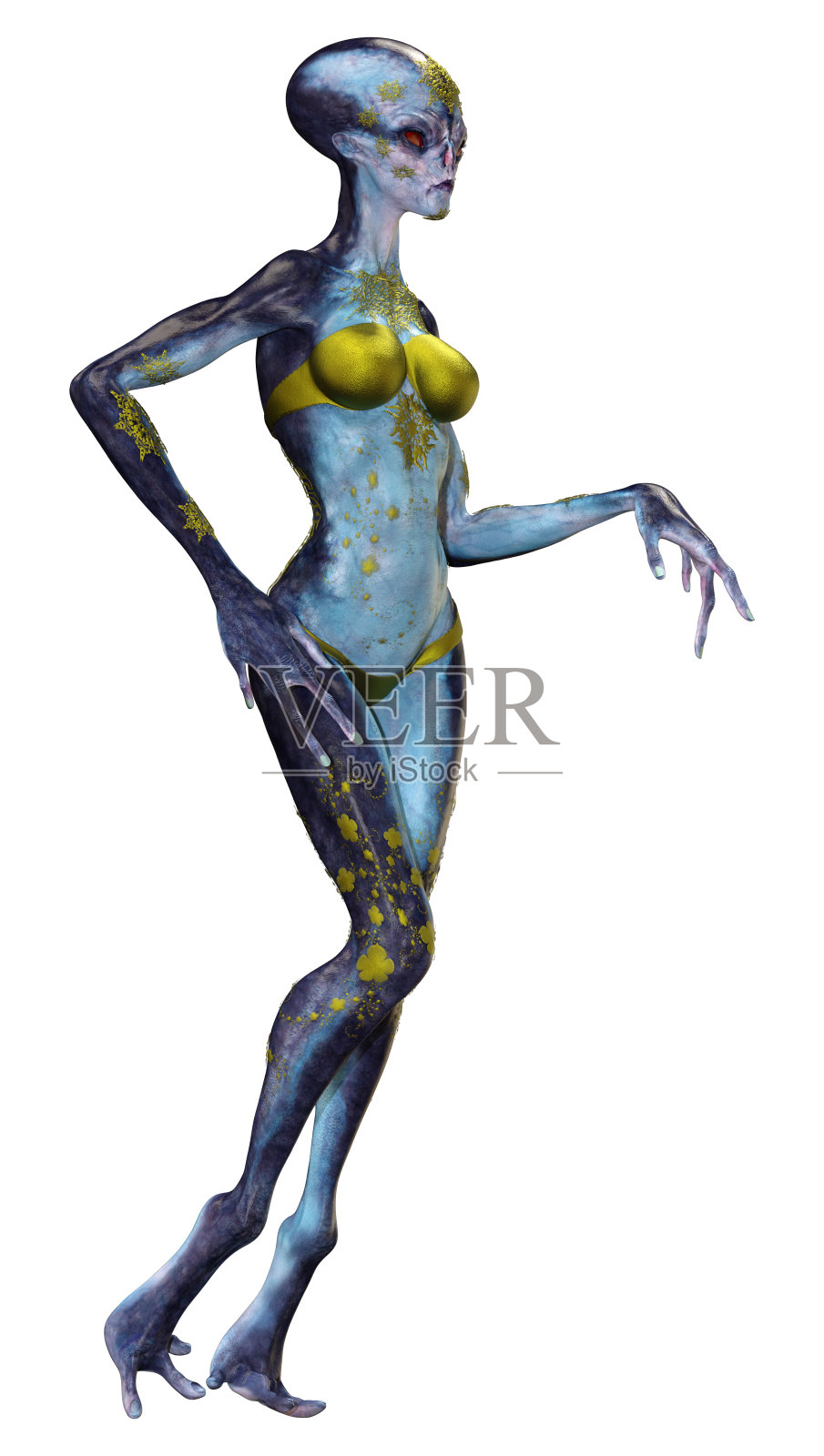 3D插图蓝色女性外星人在白色照片摄影图片