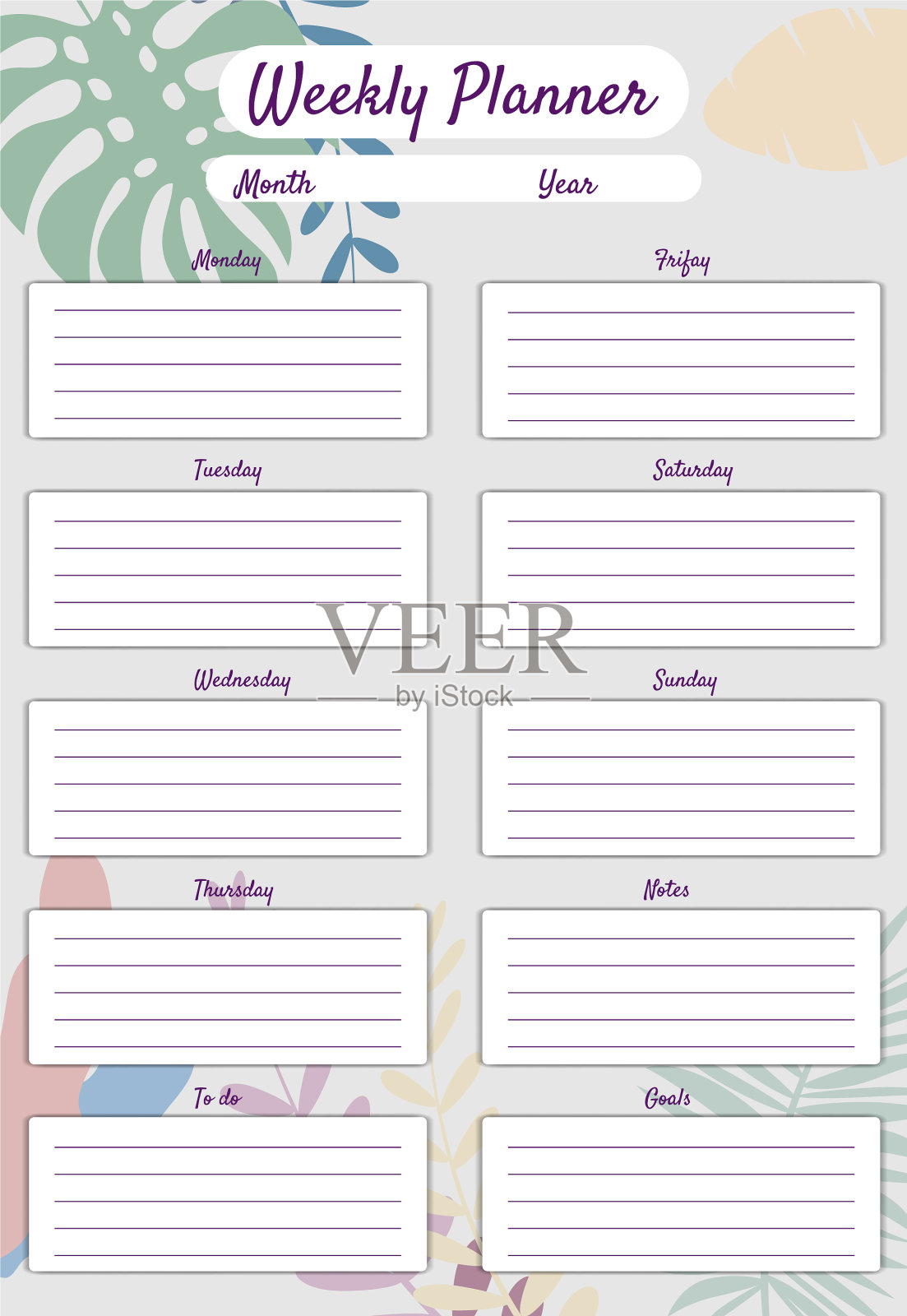 每周计划模板棕榈花插画图片素材