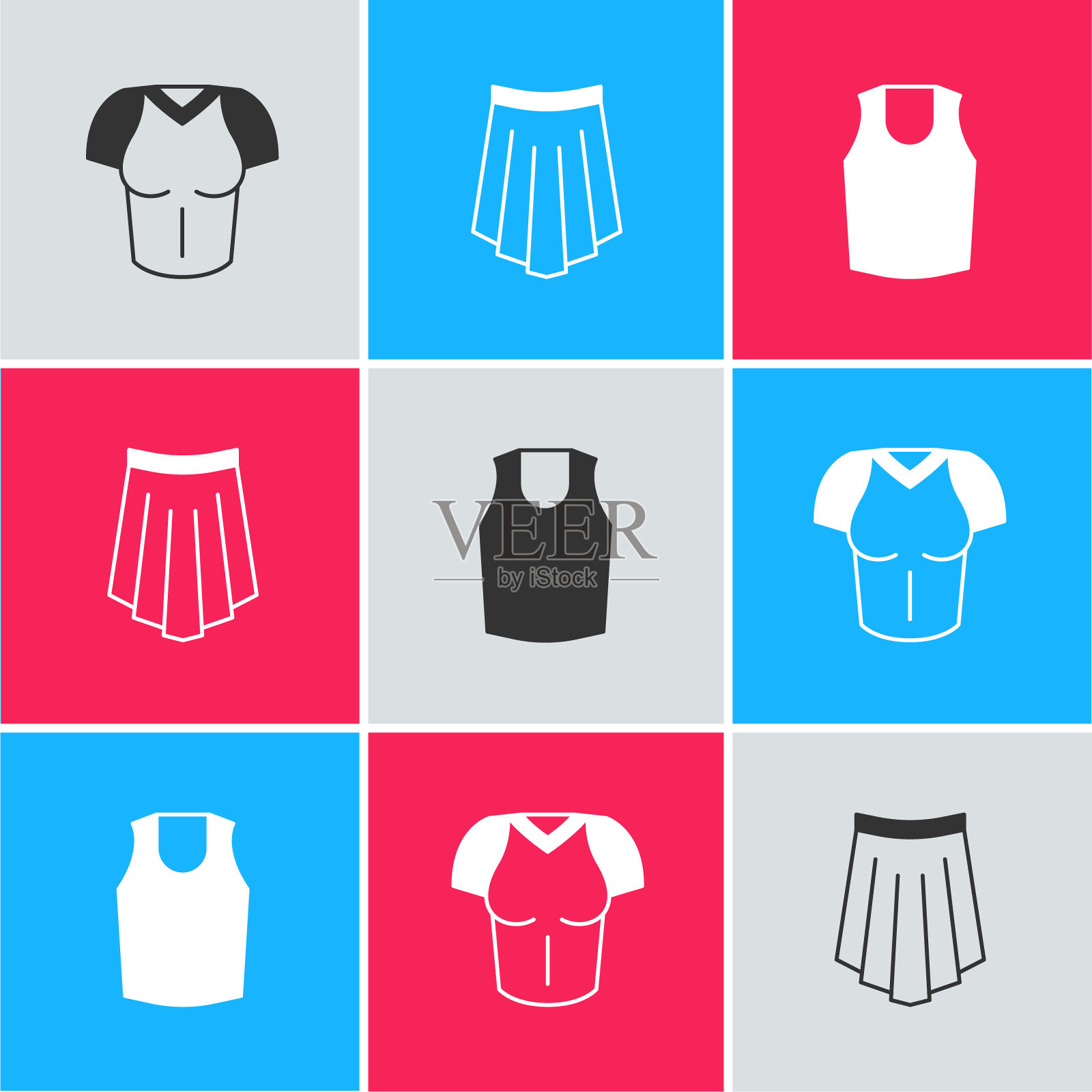 设置t恤，裙子和汗衫图标。向量插画图片素材