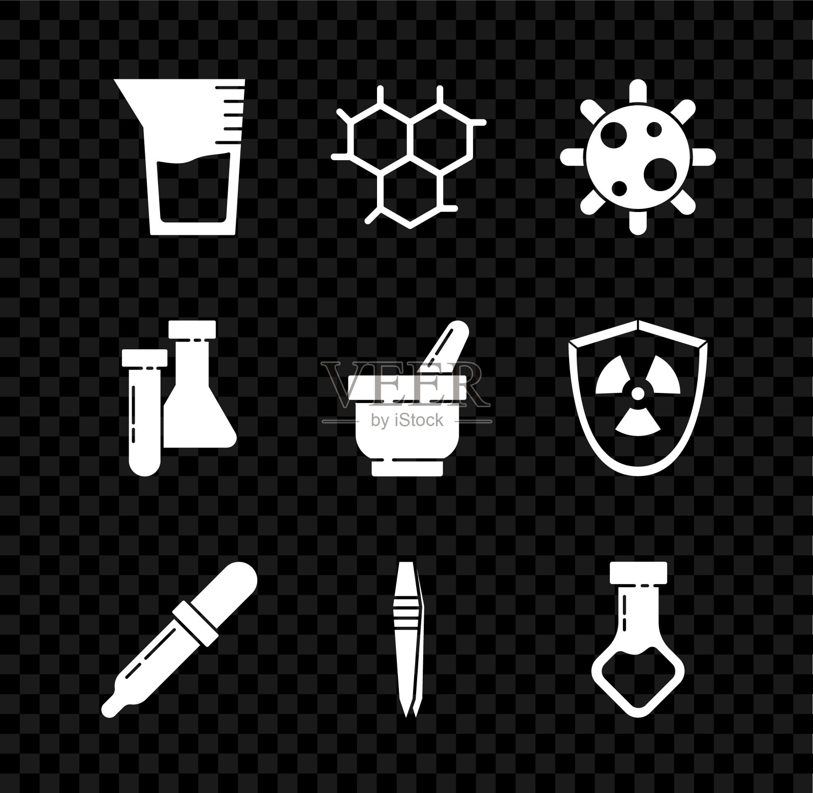 设置实验室玻璃器皿或烧杯，化学配方，细菌，移液器，镊子，试管和烧瓶化学，和杵图标。向量图标素材