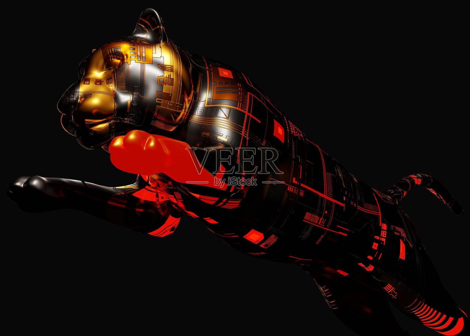 3d渲染的未来机械虎在一个黑暗的黑色背景与繁荣的效果照片摄影图片