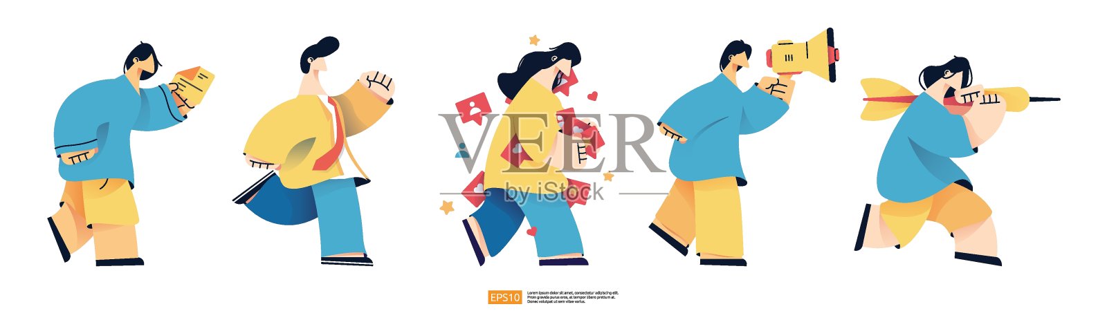 休闲人性格集互联网和社交媒体营销理念。目标和商业计划向量说明插画图片素材