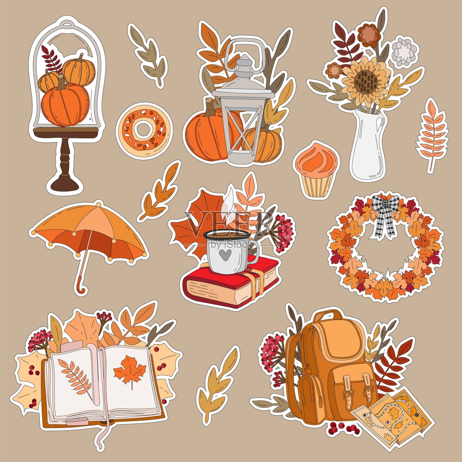 秋天贴纸设定与轮廓插画图片素材