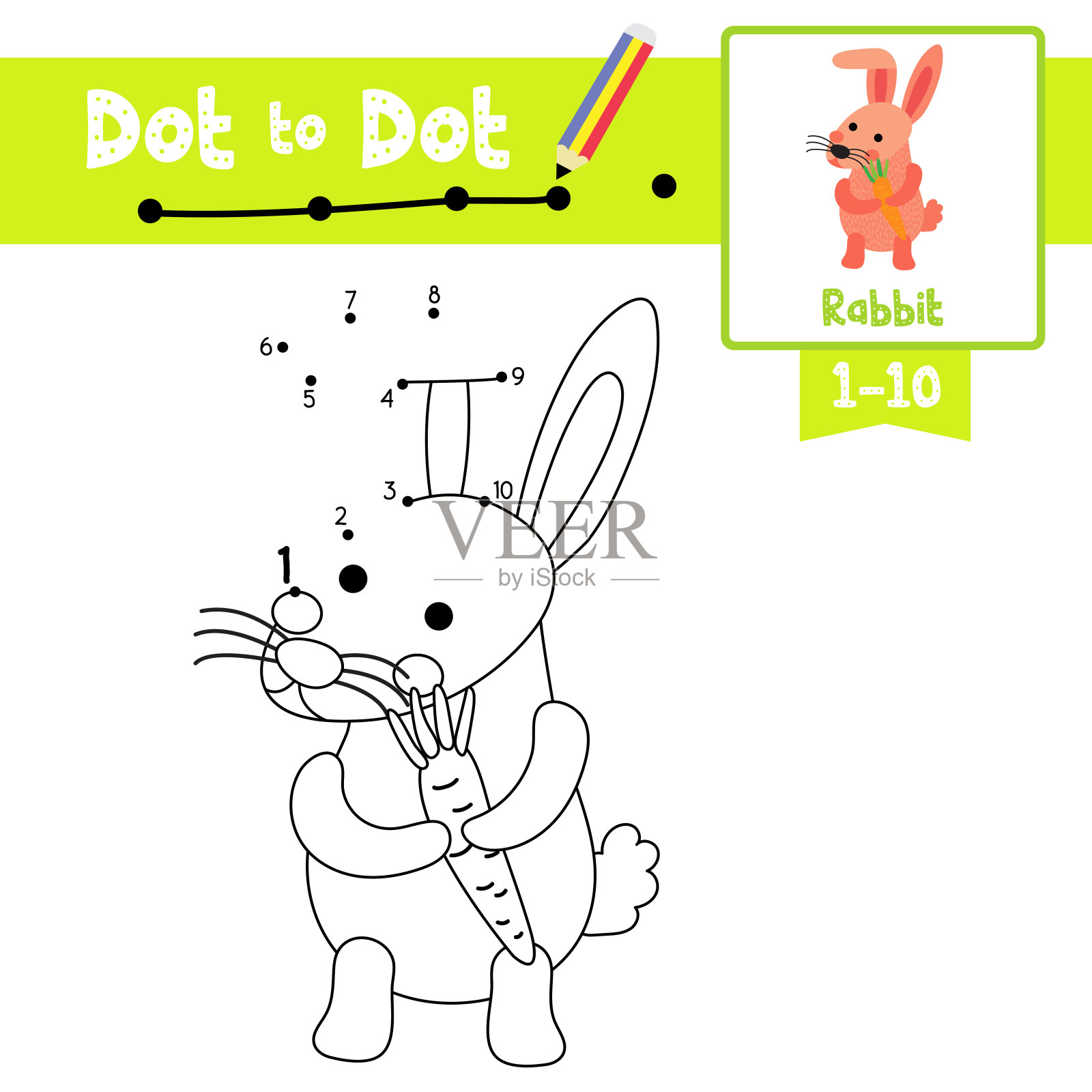 点对点教育游戏和图画书粉红色兔子手持胡萝卜动物卡通人物矢量插图插画图片素材