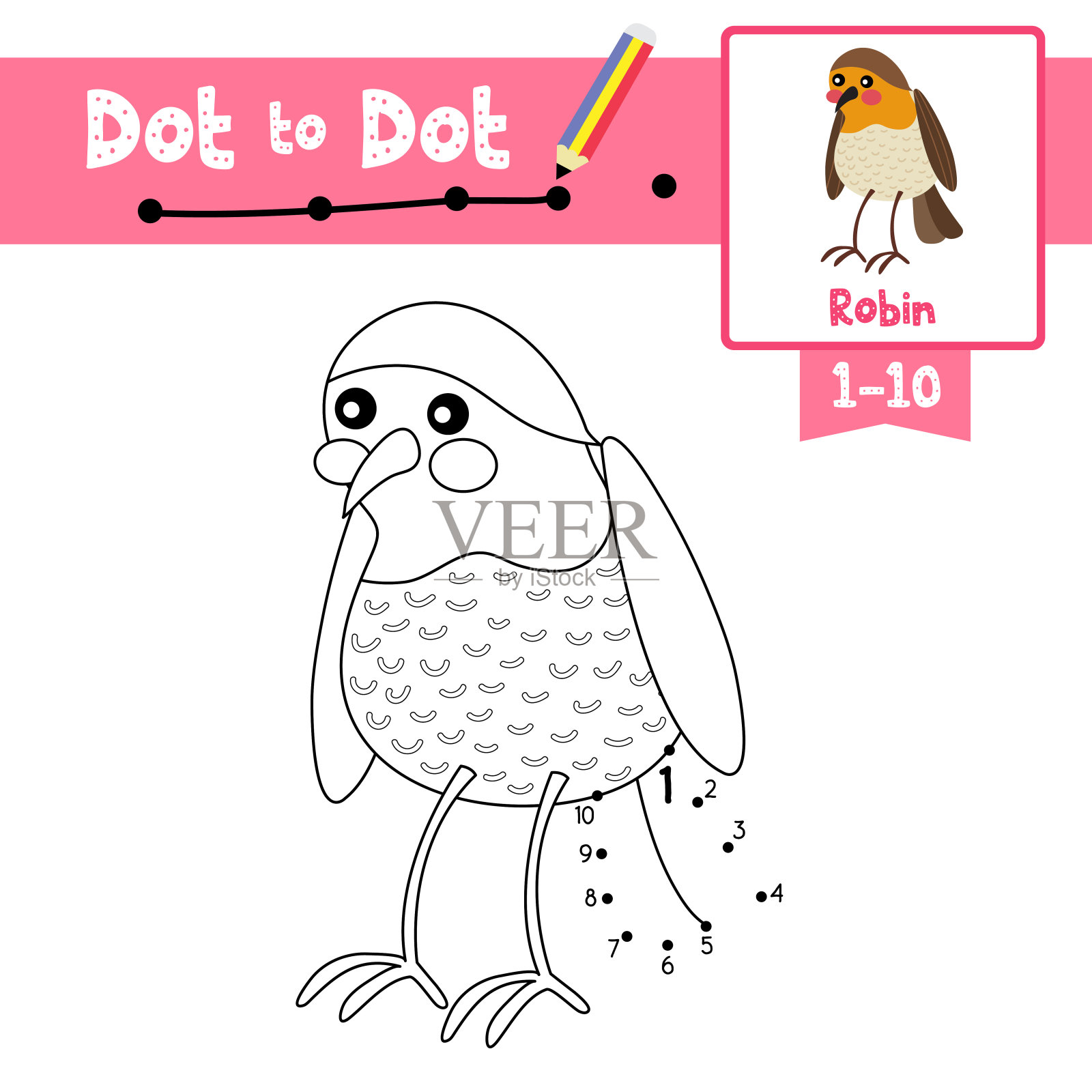 点对点教育游戏和图画书站立知更鸟动物卡通人物矢量插图插画图片素材