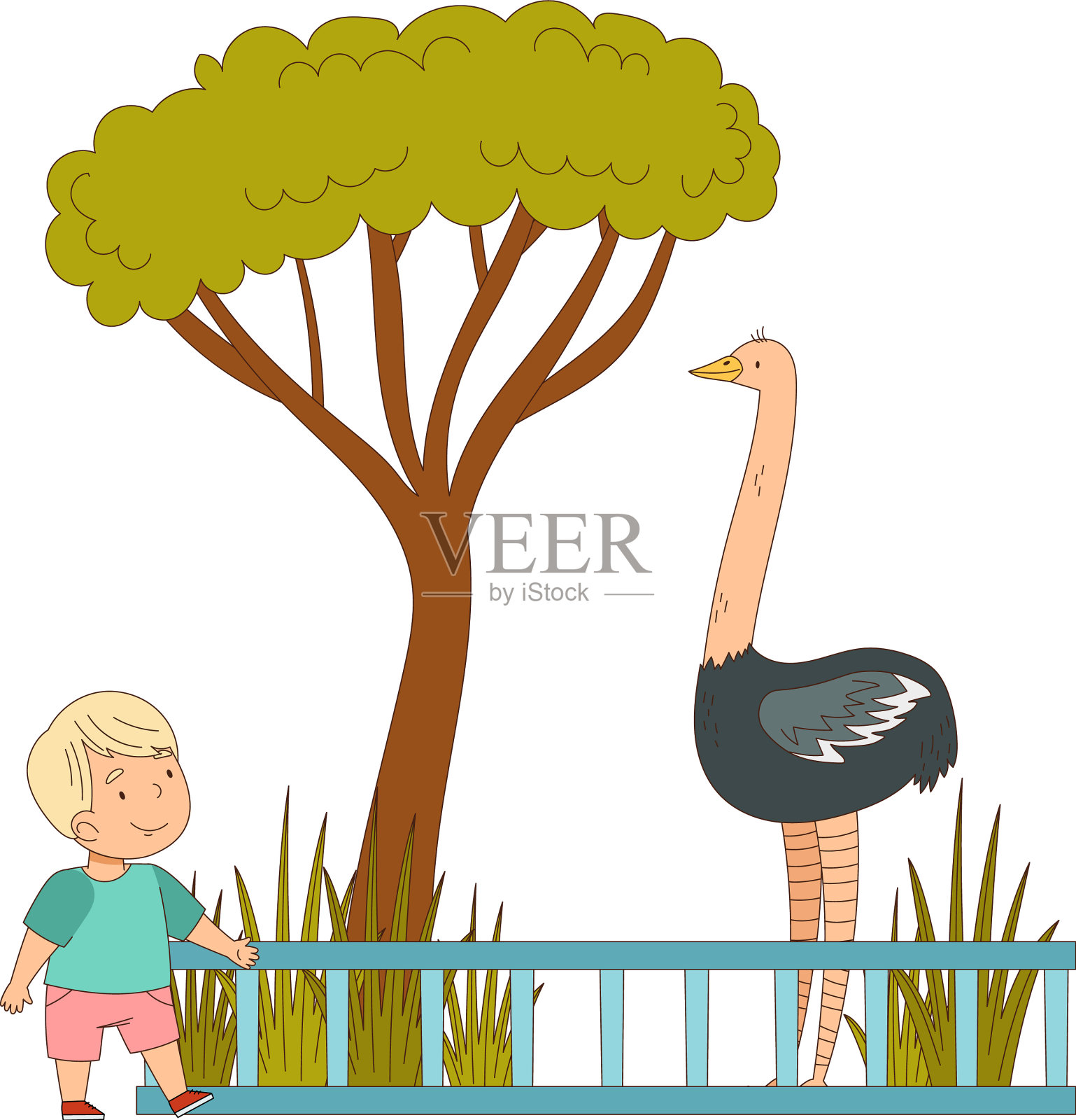 快乐的小男孩看着身后的鸵鸟插画图片素材