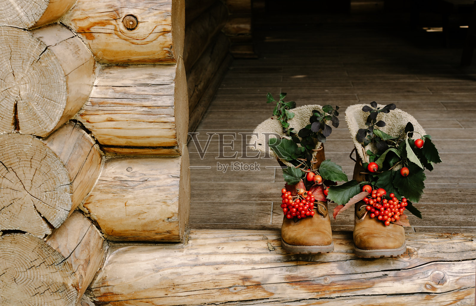 在乡间别墅的门廊上，踩着秋天浆果和树叶的靴子。照片摄影图片