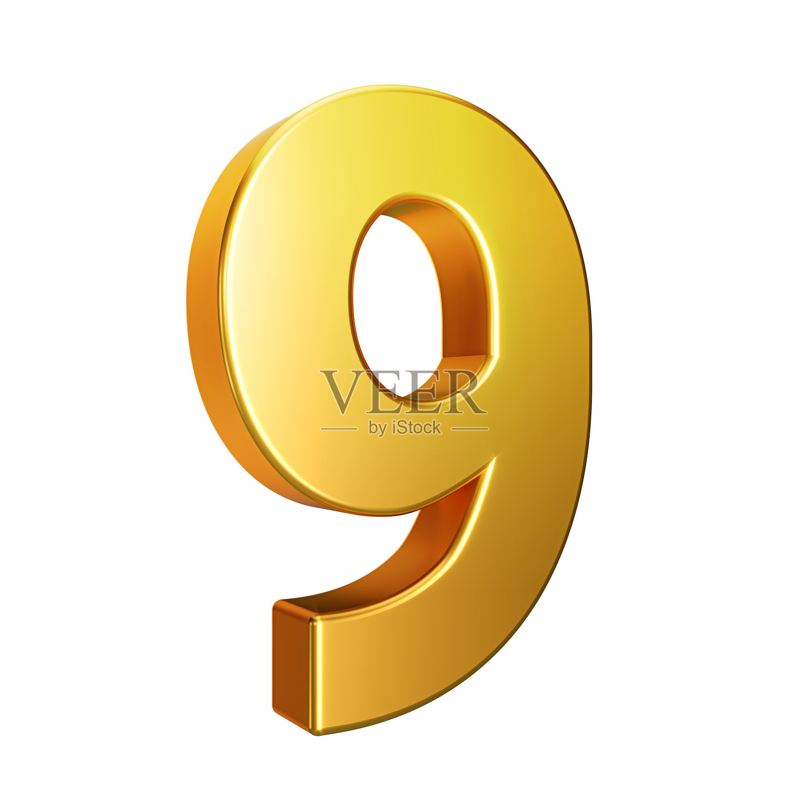 第九位,字母。金色的3d数字孤立在一个白色的背景与剪切路径。3d插图。照片摄影图片