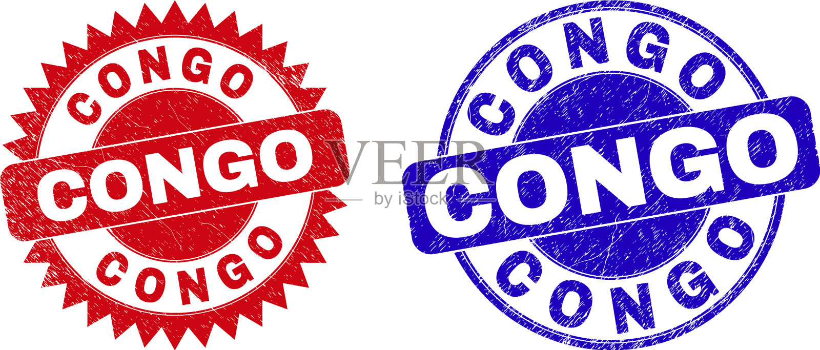 刚果圆形和玫瑰形邮票，上面有污物插画图片素材