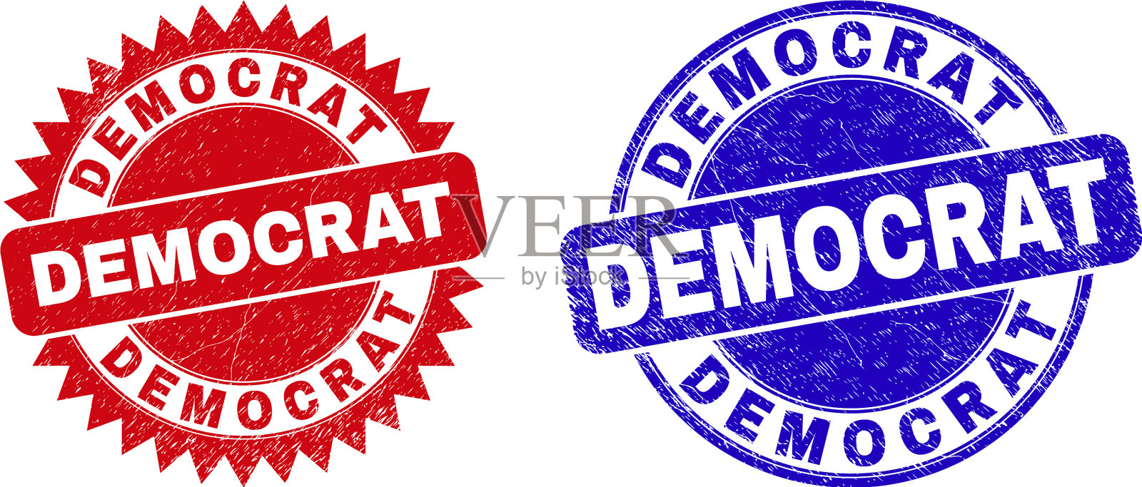带有划痕的民主党圆形和玫瑰形邮票插画图片素材