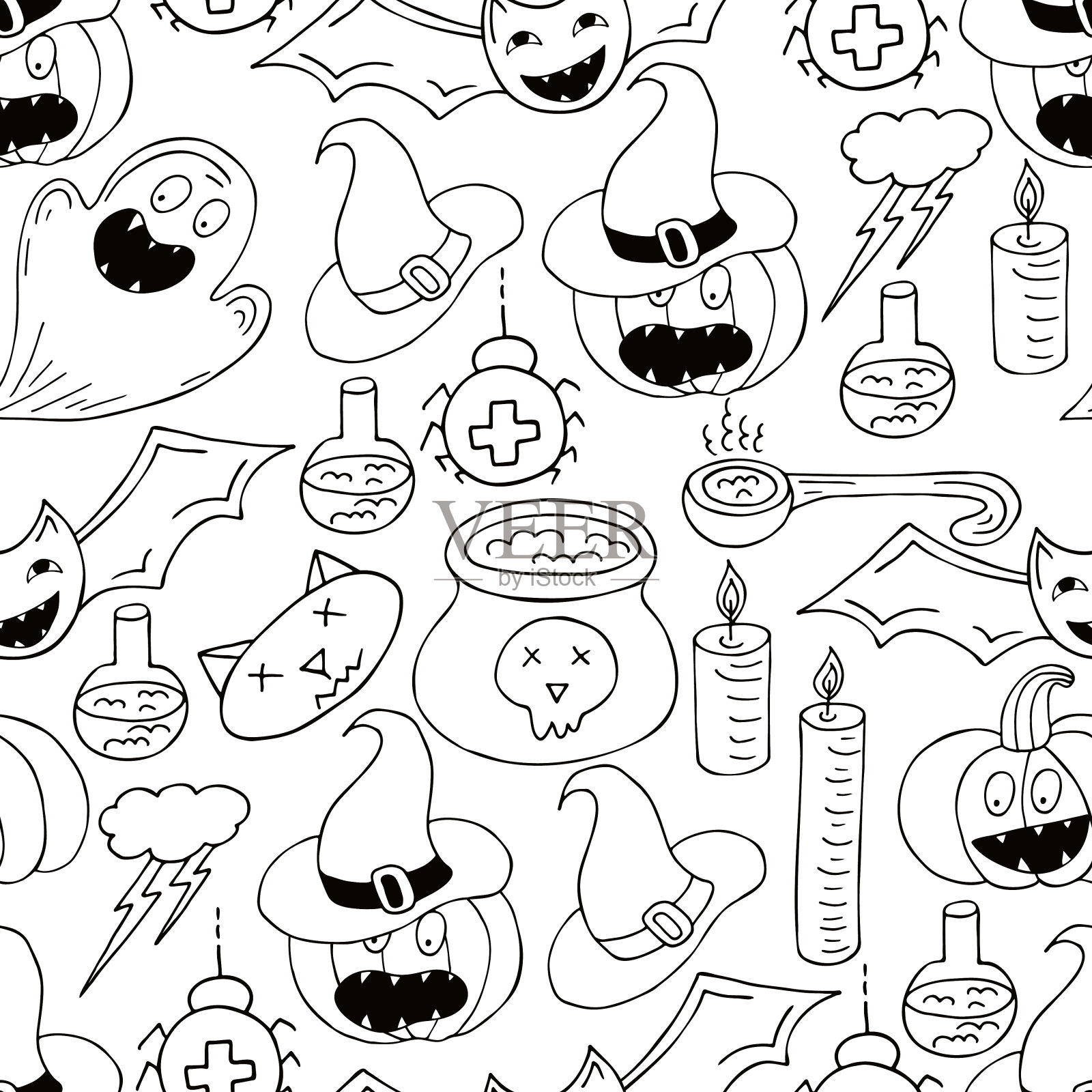 无缝模式万圣节设计。矢量插图手绘风格插画图片素材
