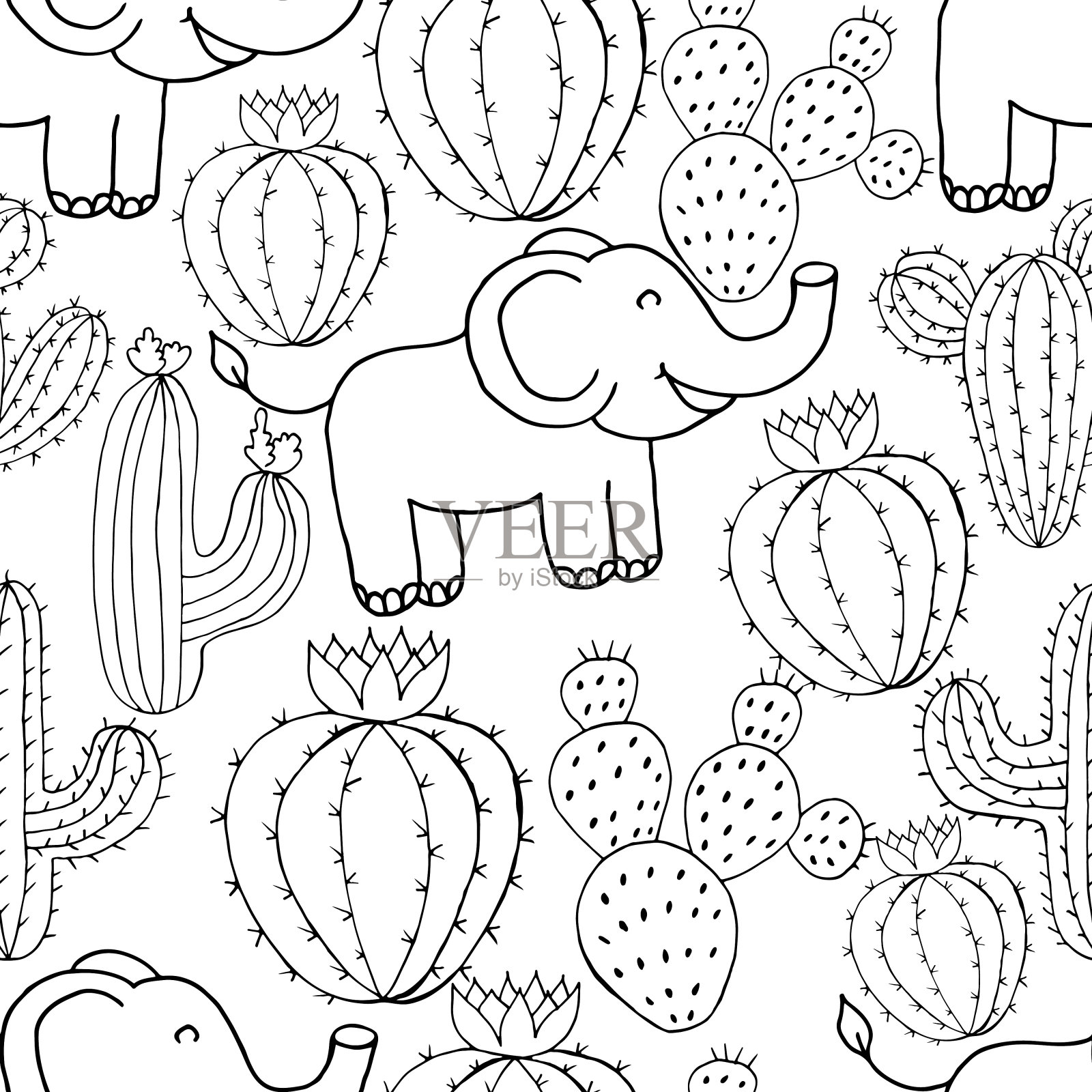 无缝植物插图。热带品种不同的仙人掌、芦荟插画图片素材