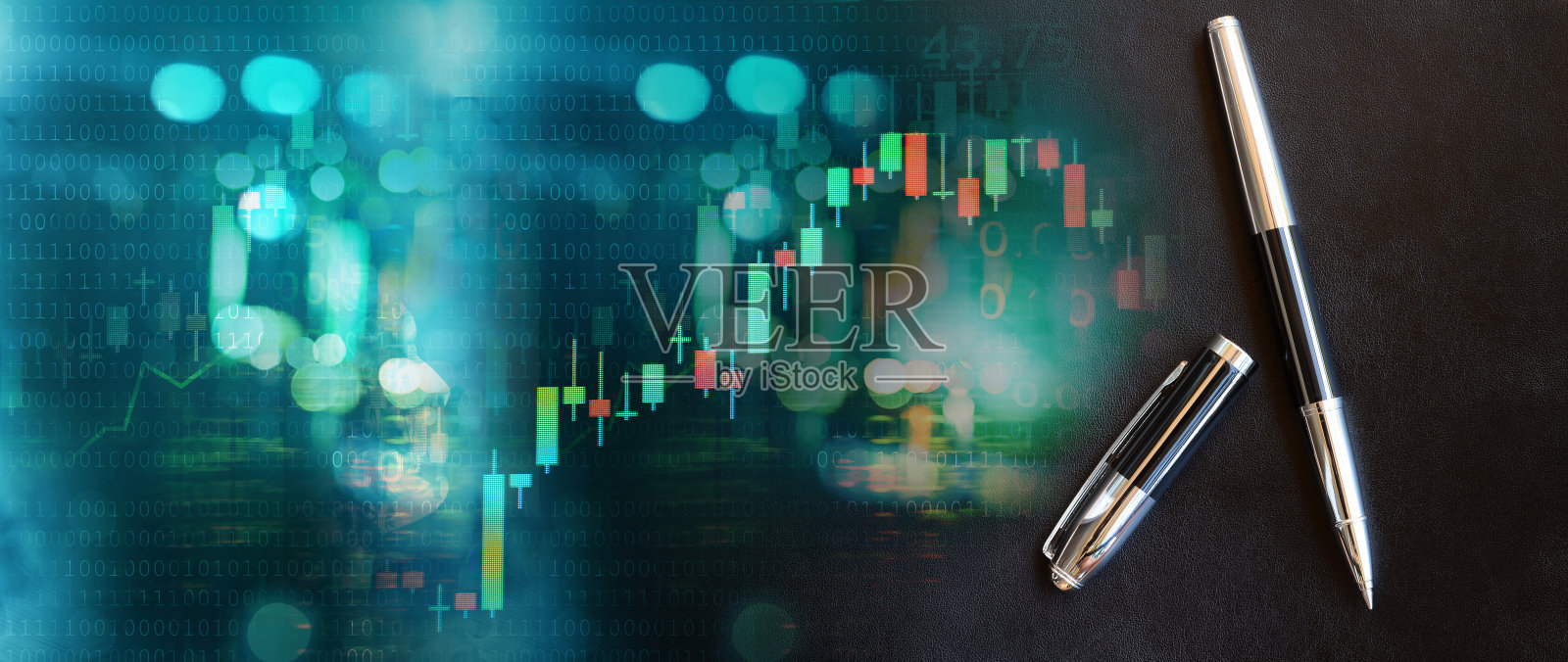 优雅的黑色钢笔与蓝色的城市街灯和指数数字和图表的股票市场业务抽象背景照片摄影图片