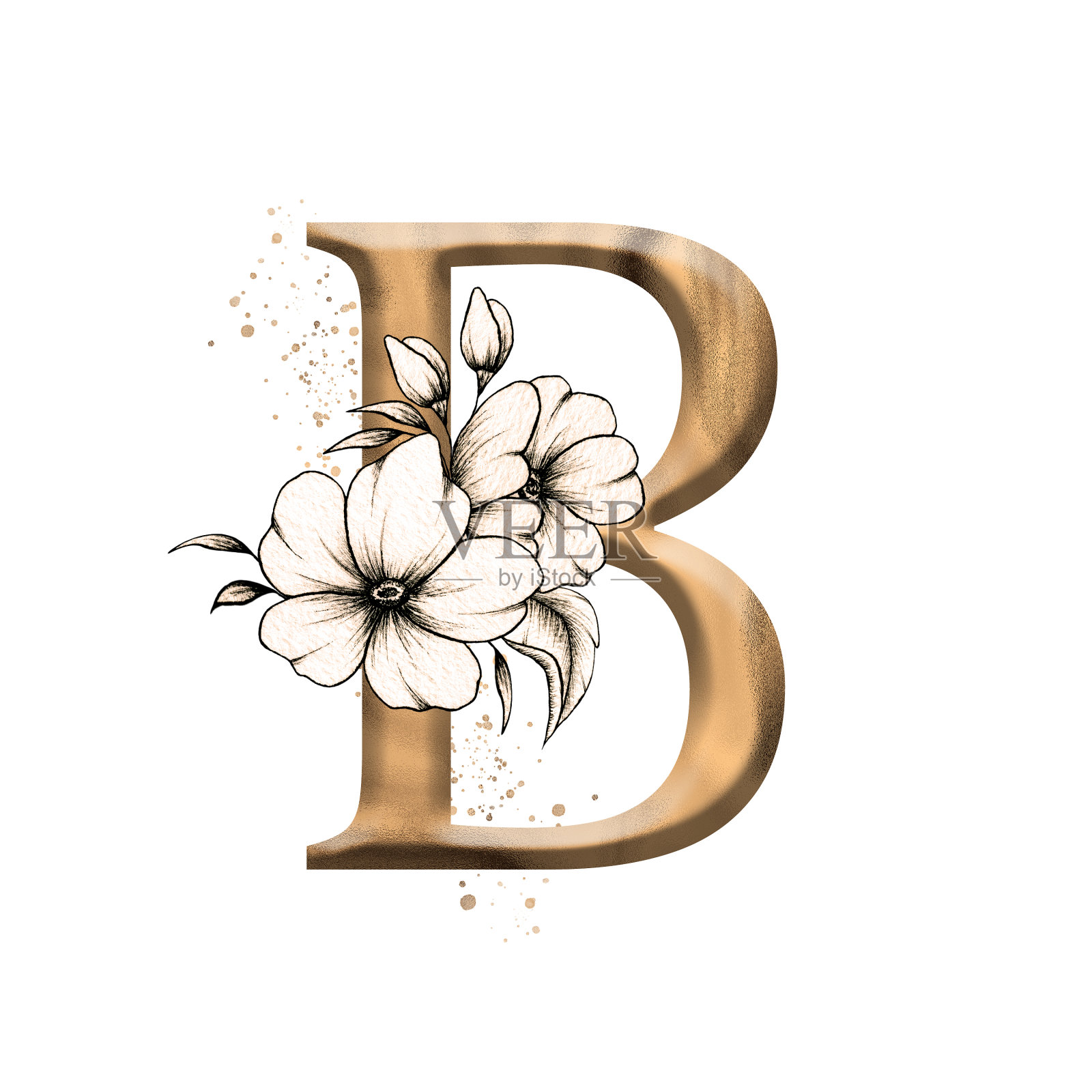 图形花卉字母，黄金字母B与复古花卉花束组成，独特的字母首字母完美的婚礼邀请，贺卡，符号，海报和其他设计设计元素图片