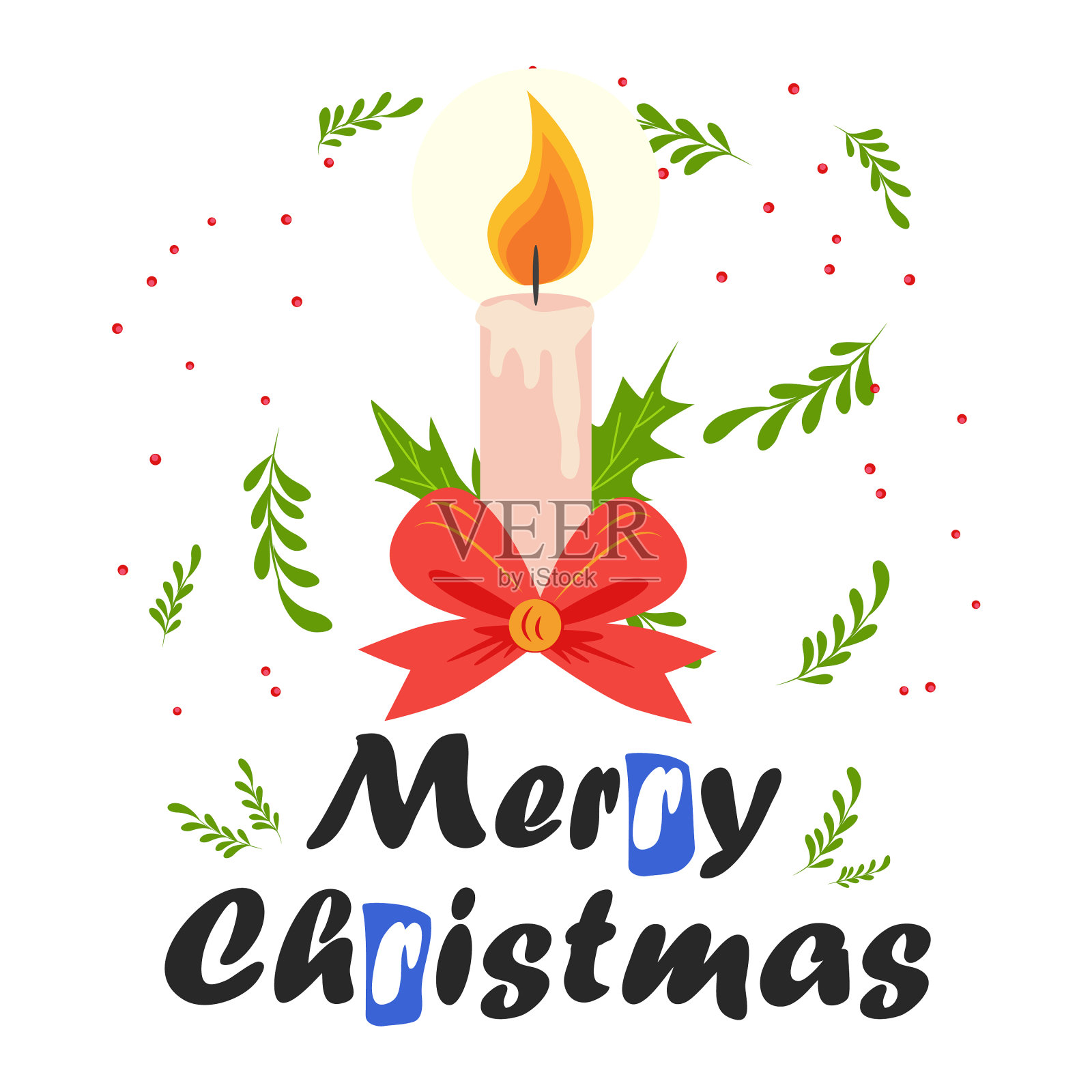 圣诞贺卡上有蜡烛的扁平风格插画图片素材