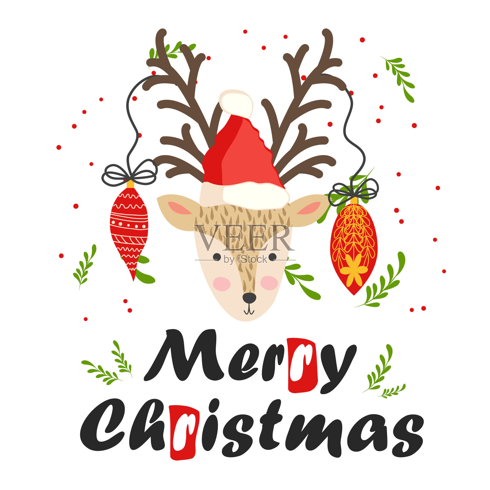 鹿的角上有圣诞球圣诞节插画图片素材