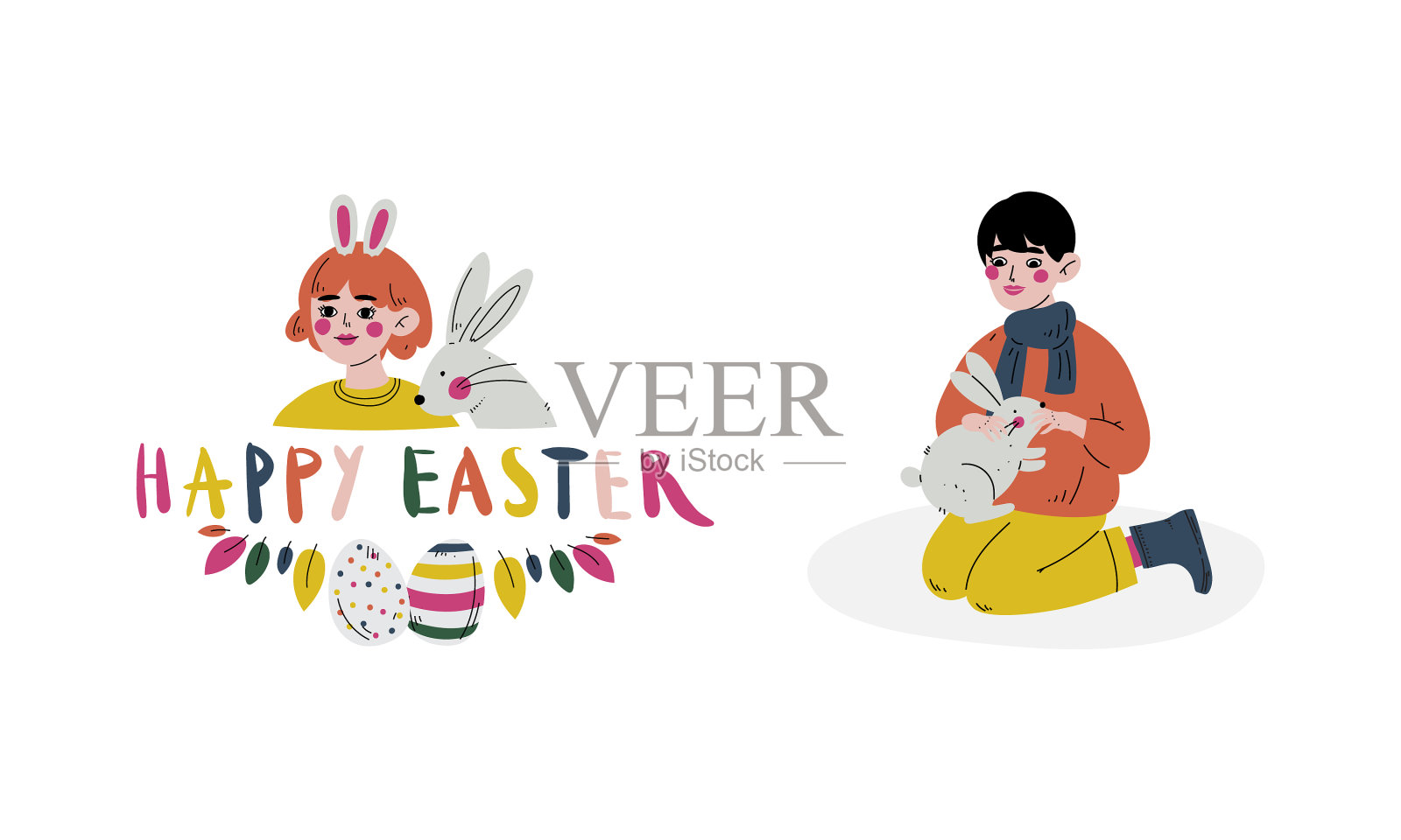 快乐的孩子和毛茸茸的兔子庆祝设计元素图片