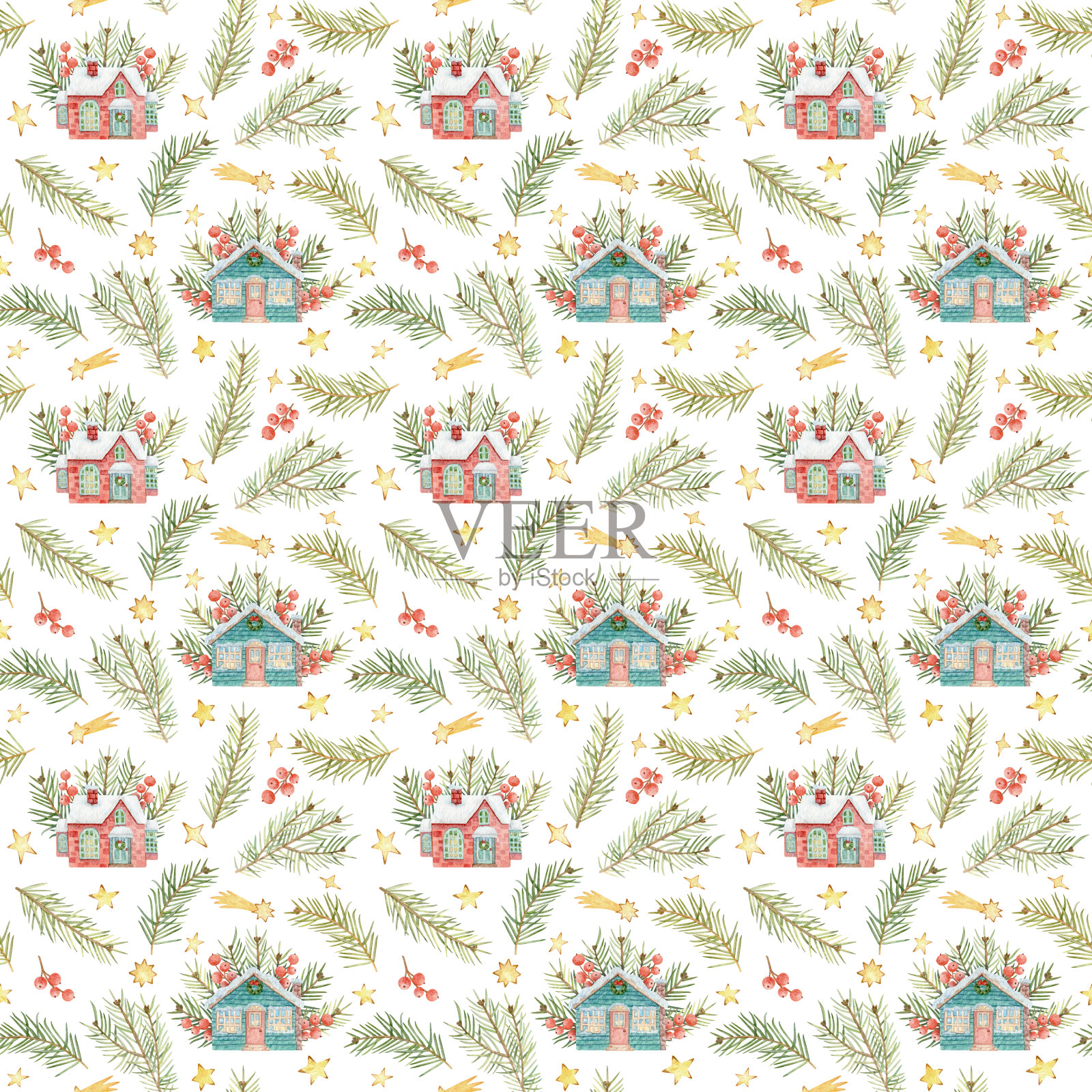 无缝水彩图案与圣诞房屋，冷杉树枝，星星和红色浆果。手绘假日纹理设计，印刷，包装纸，装饰，织物，剪贴簿和更多。插画图片素材